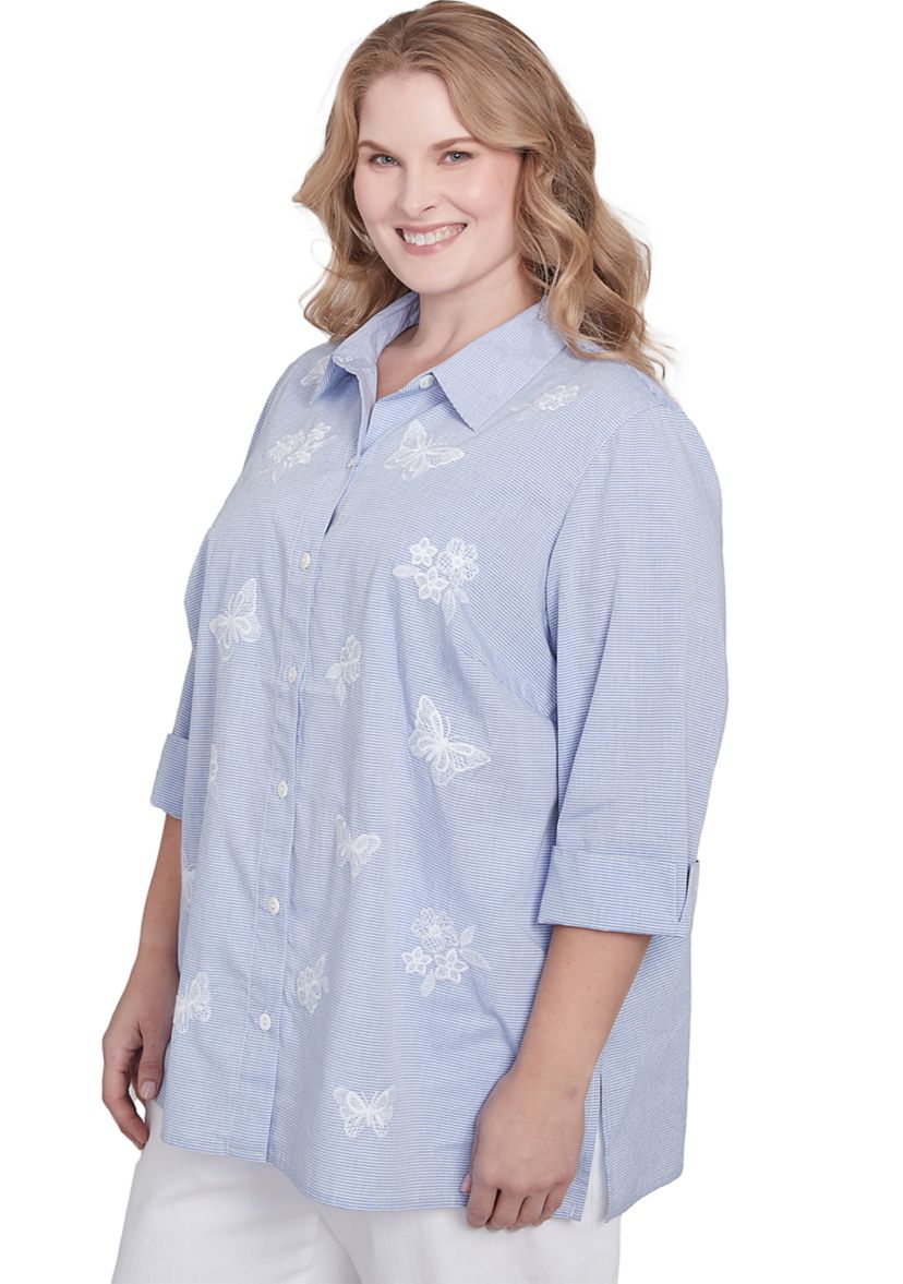 Plus Size Classics Butterfly Stripe Button Up Top