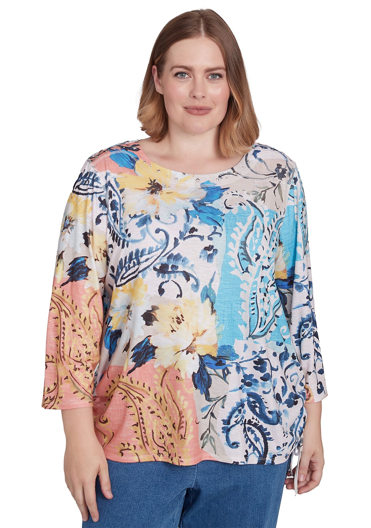 Plus Size Classics Batik Floral Patch Printed Top
