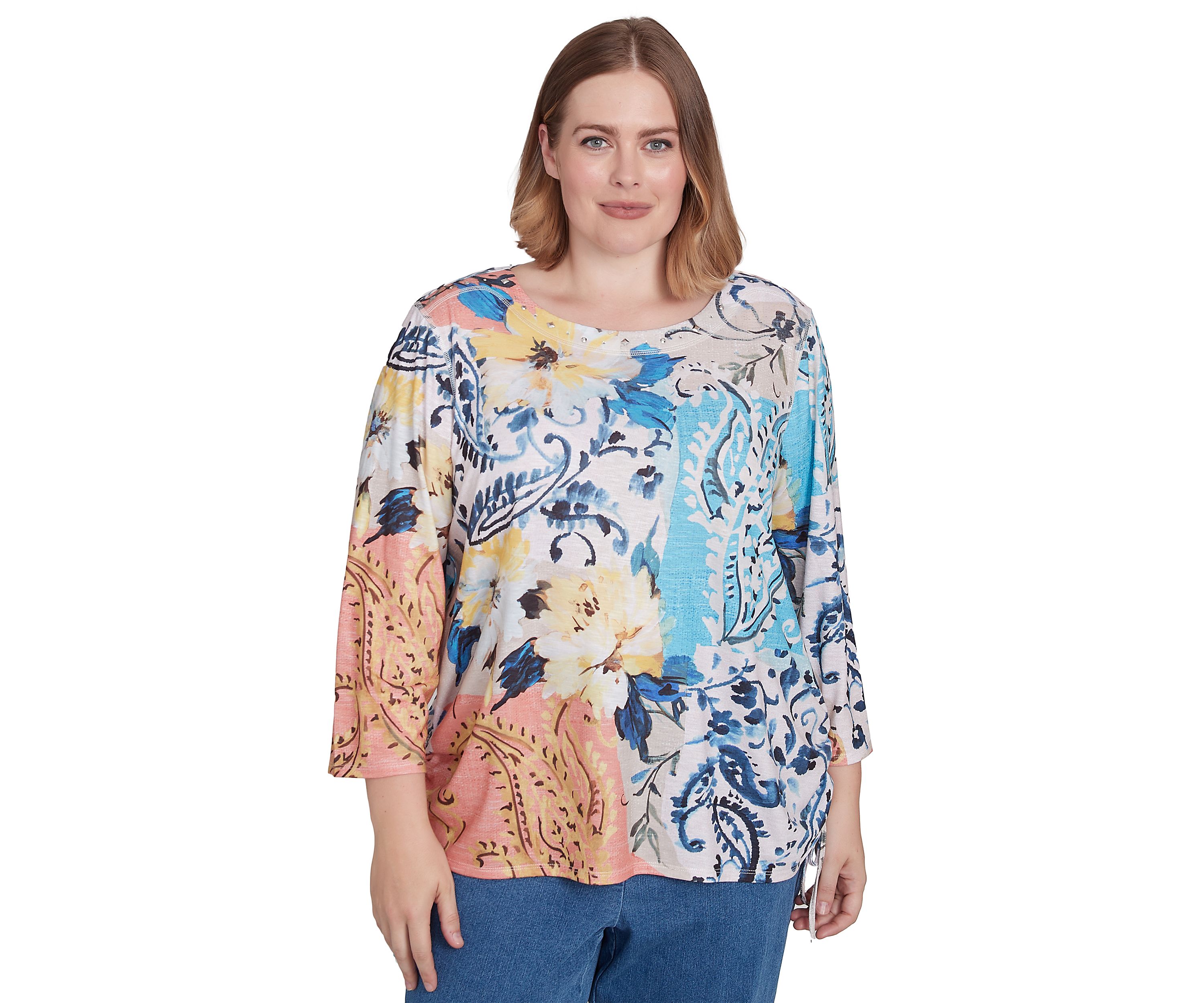 Plus Size Classics Batik Floral Patch Printed Top