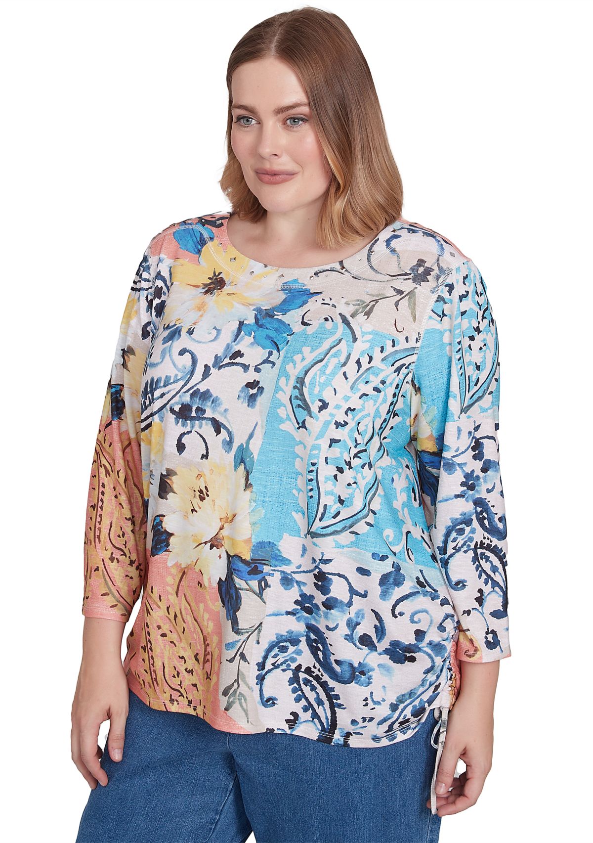 Plus Size Classics Batik Floral Patch Printed Top