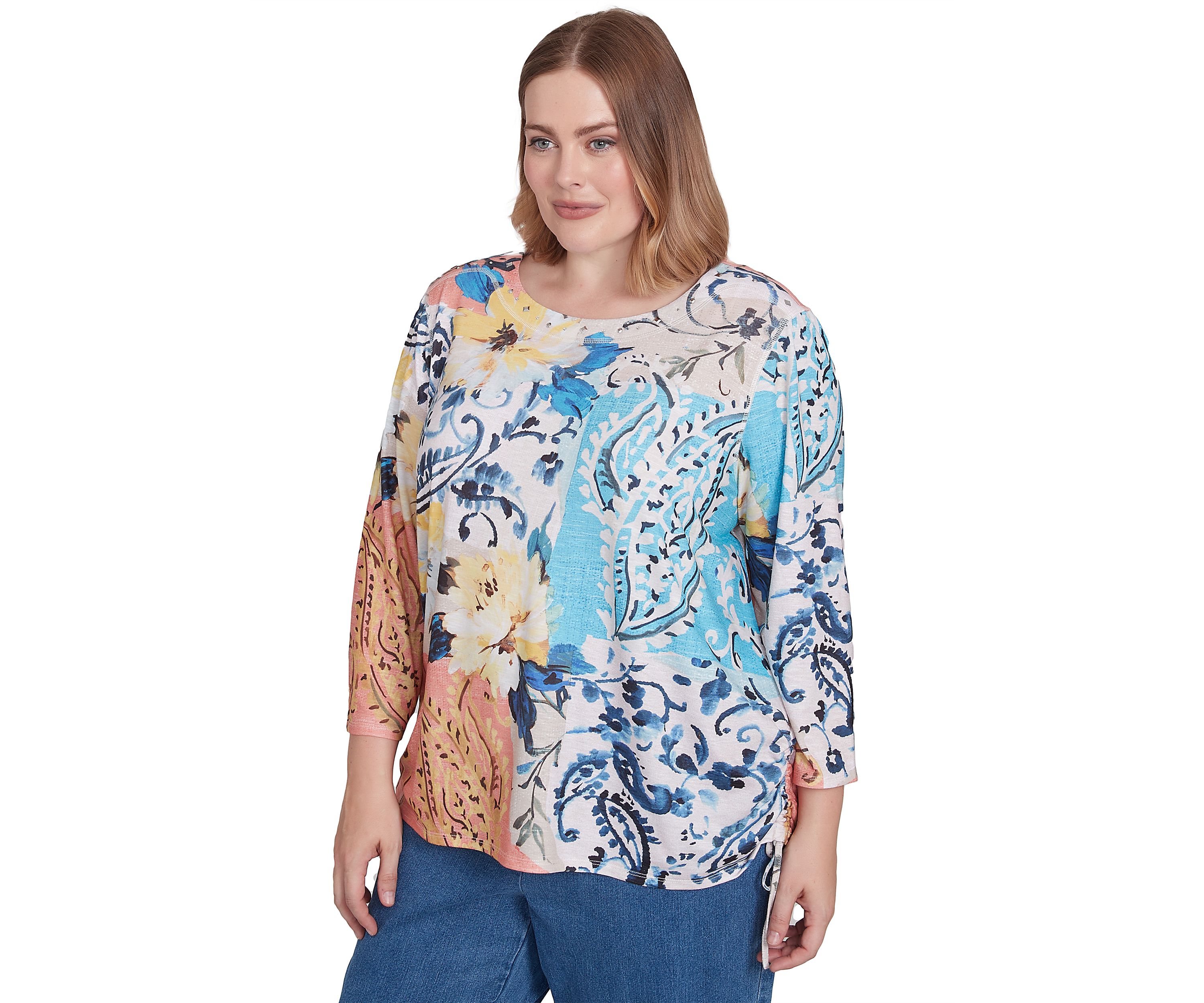 Plus Size Classics Batik Floral Patch Printed Top