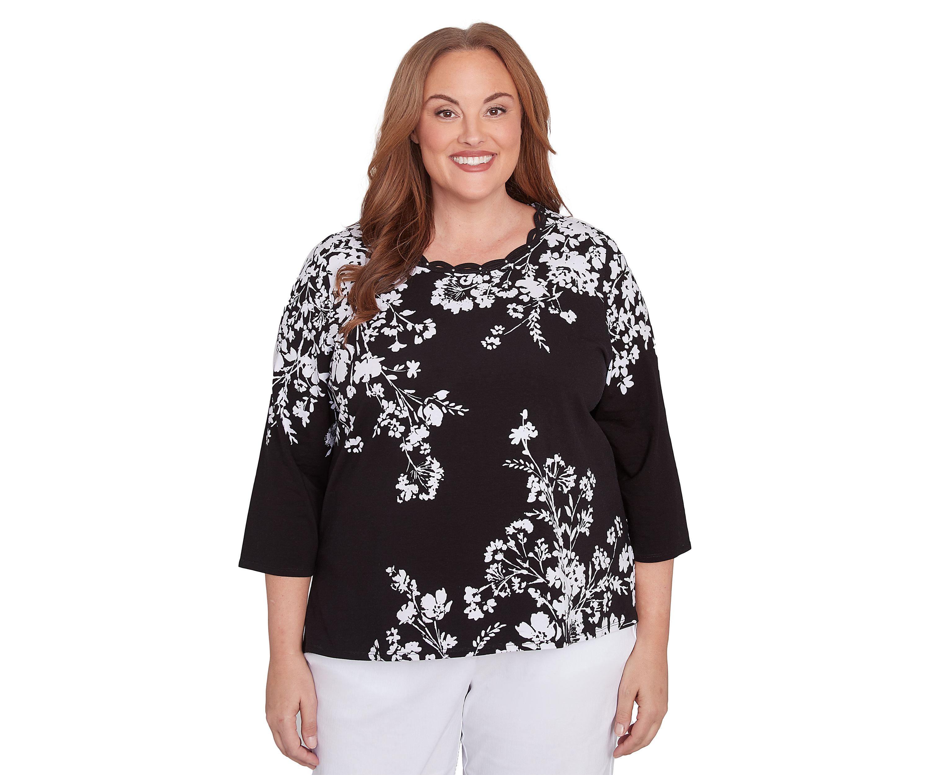 Plus Size Classics Monotone Asymmetric Floral Top