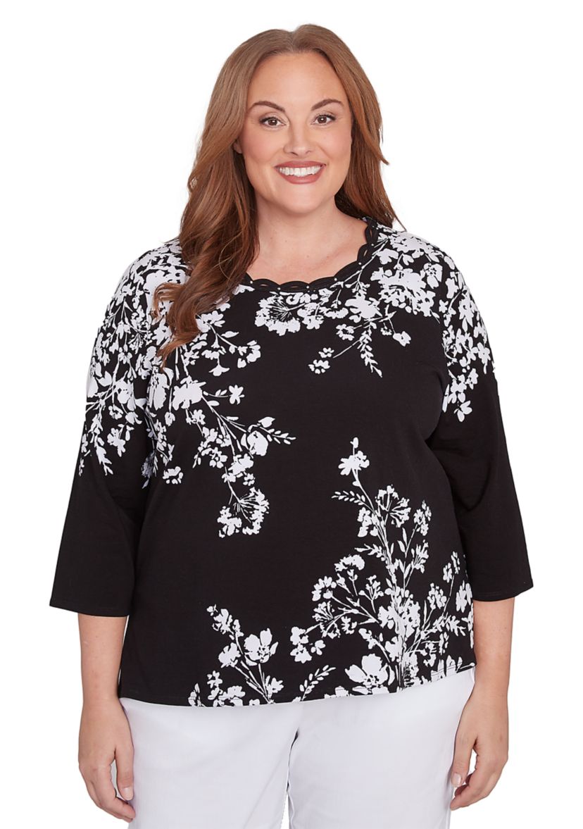 Plus Size Classics Monotone Asymmetric Floral Top