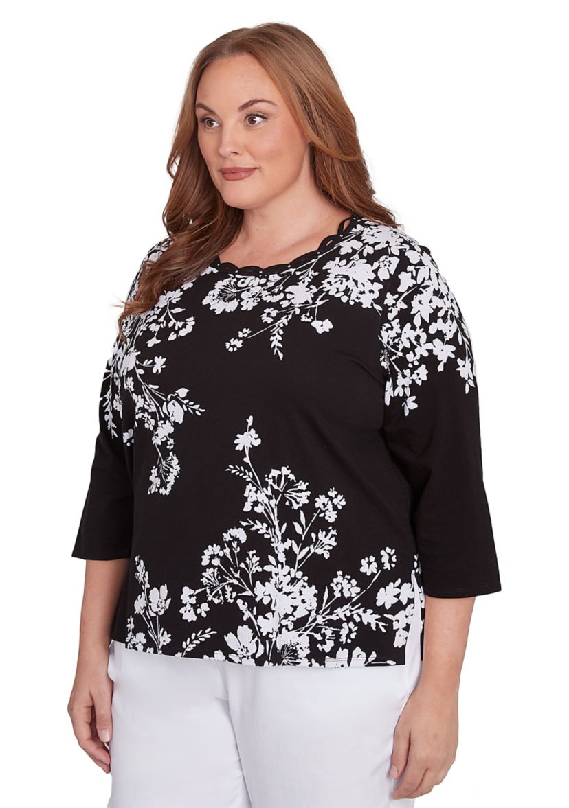 Plus Size Classics Monotone Asymmetric Floral Top