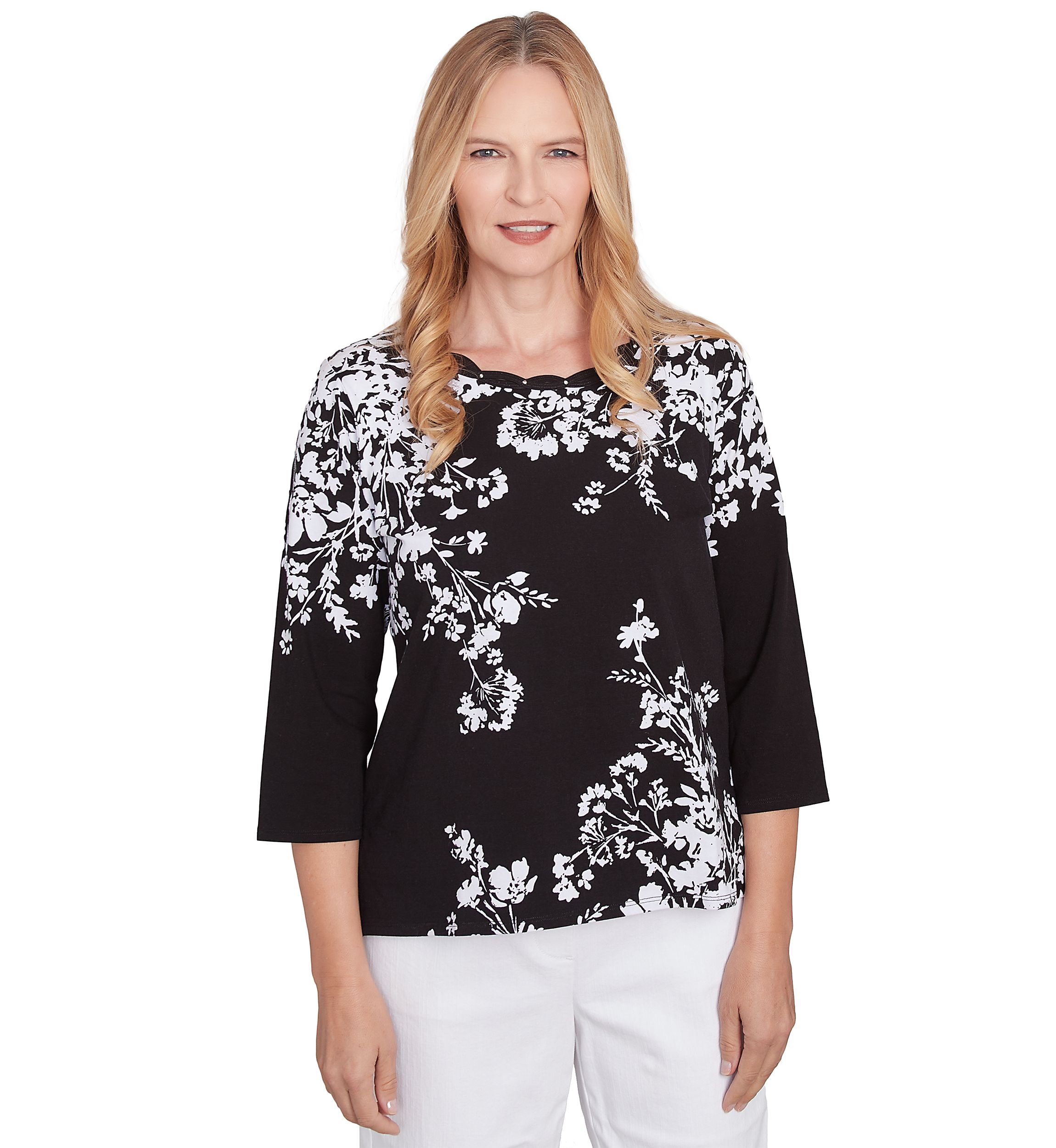 Petite Classics Monotone Asymmetric Floral Printed Top