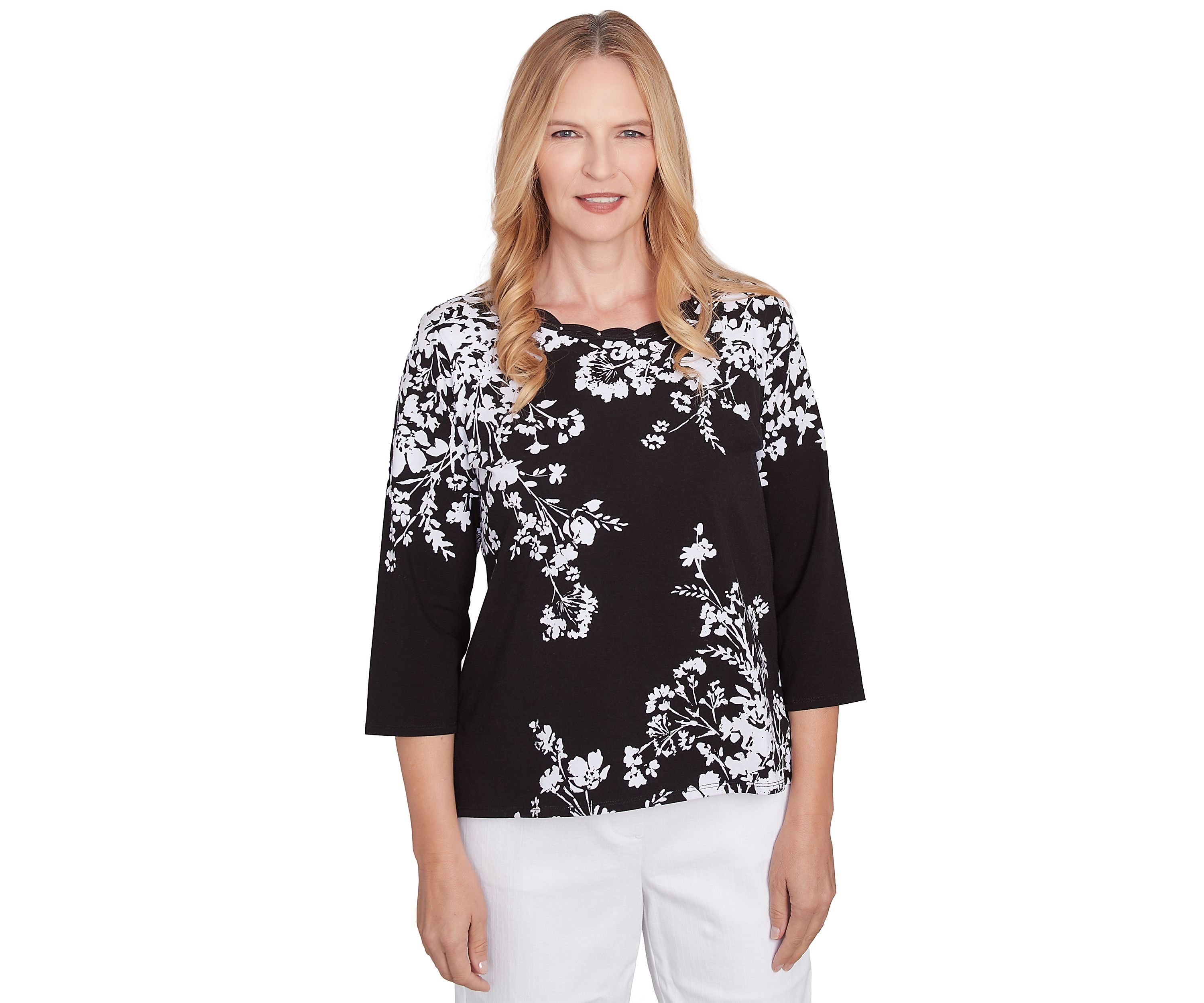 Petite Classics Monotone Asymmetric Floral Printed Top