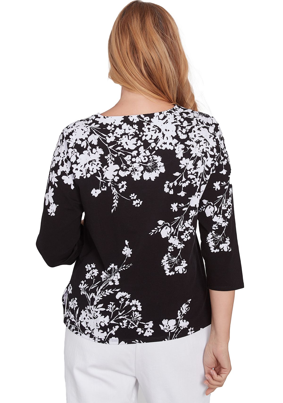 Petite Classics Monotone Asymmetric Floral Printed Top