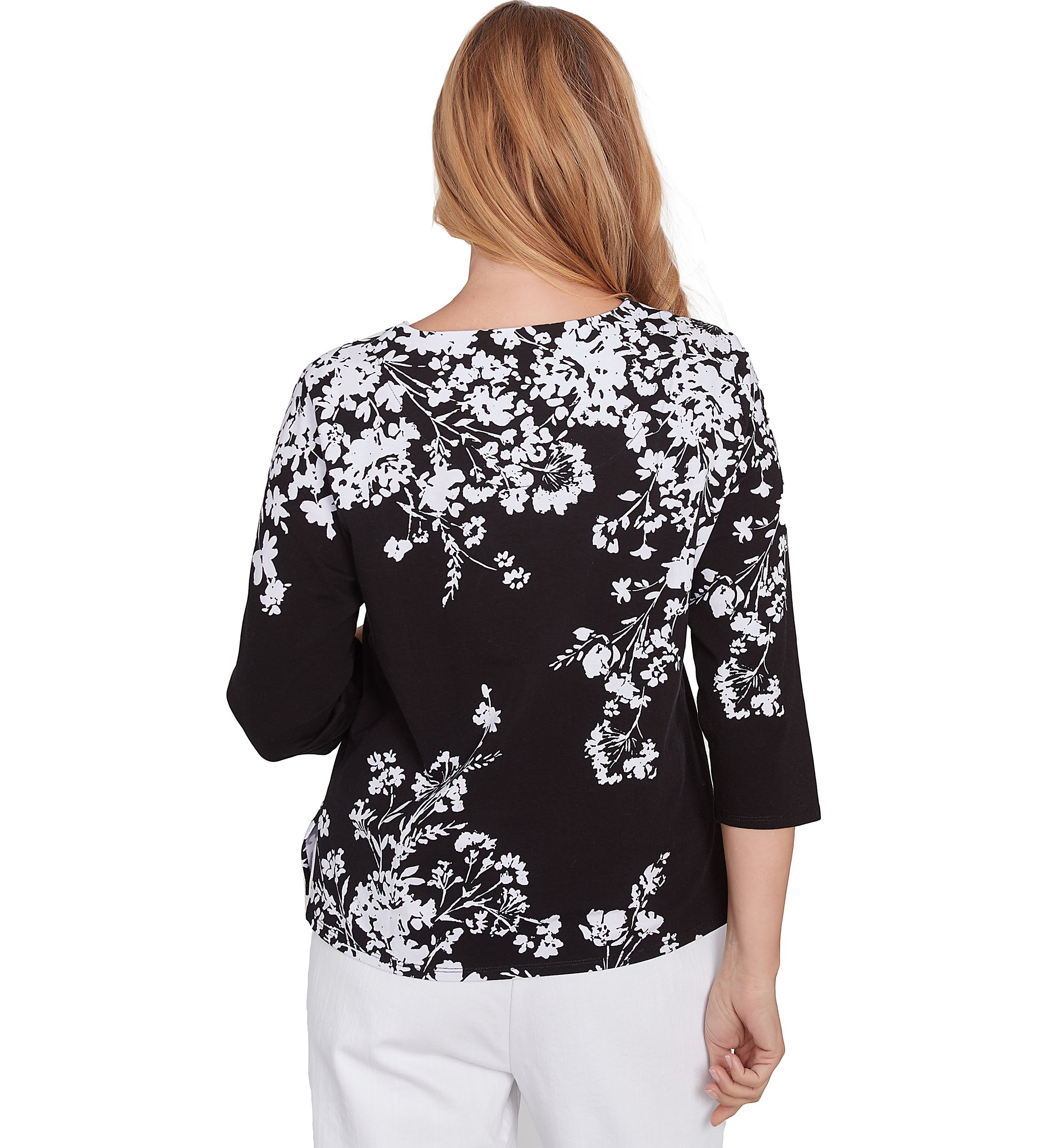 Petite Classics Monotone Asymmetric Floral Printed Top