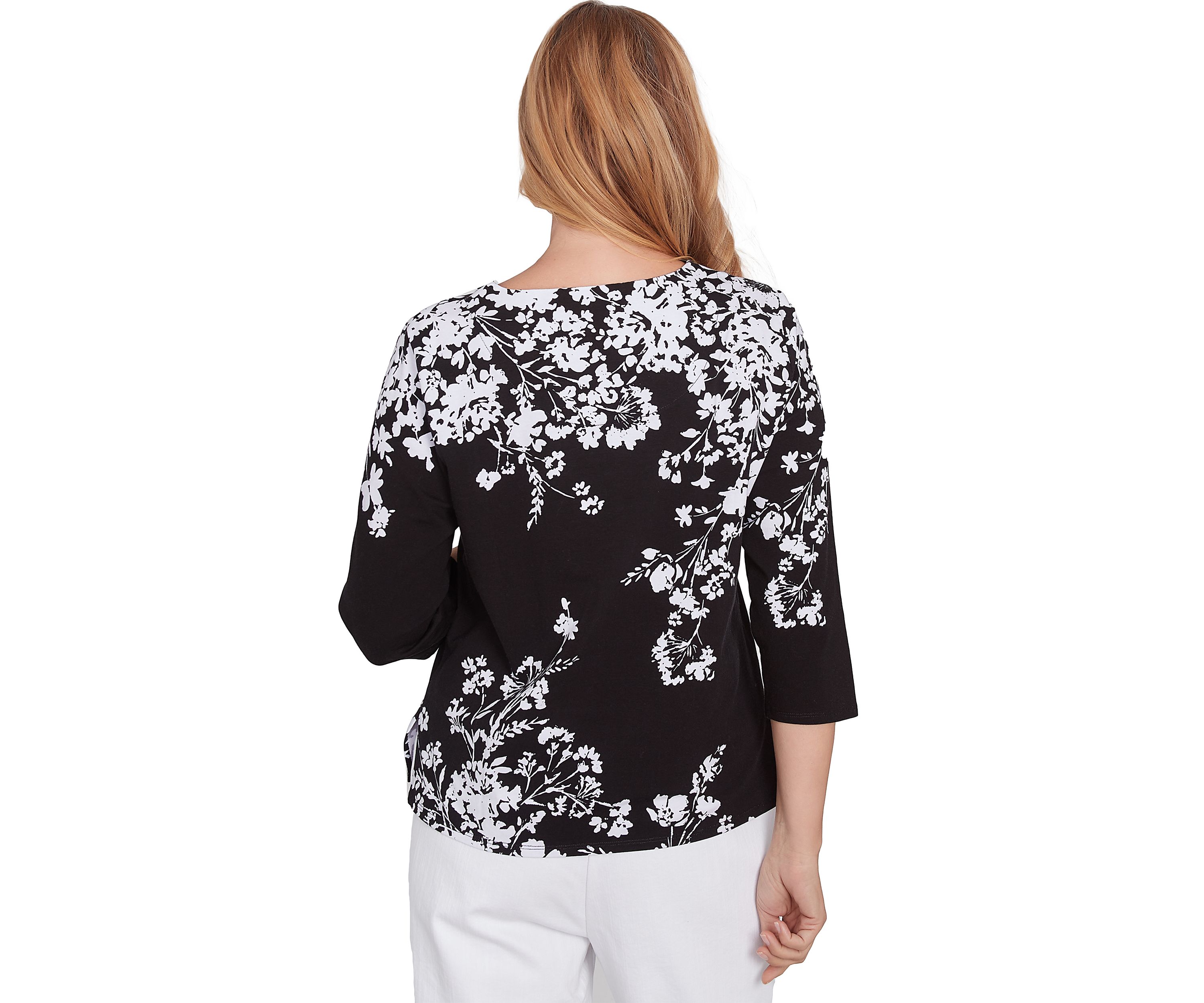 Petite Classics Monotone Asymmetric Floral Printed Top