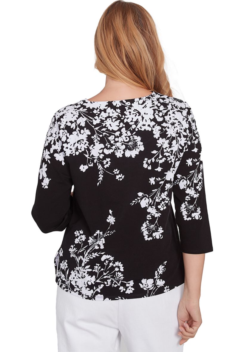 Petite Classics Monotone Asymmetric Floral Printed Top