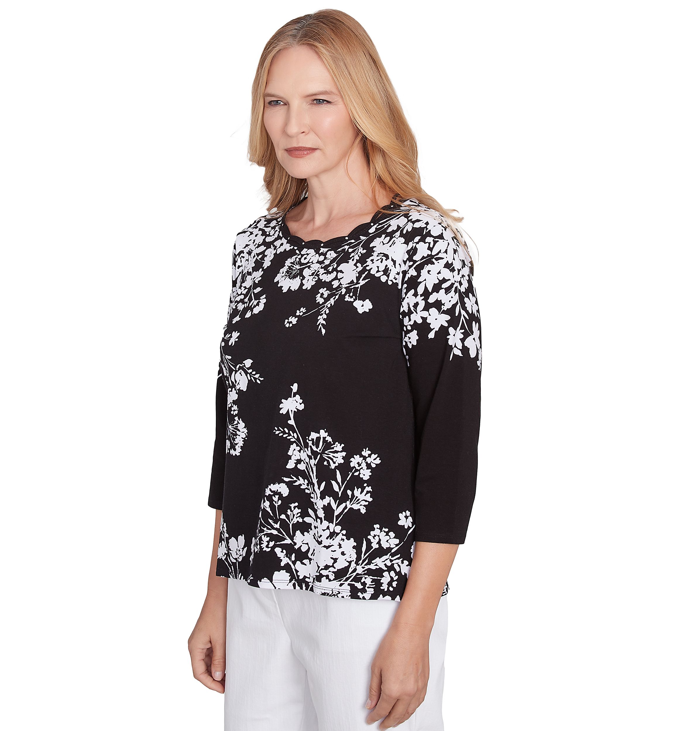 Petite Classics Monotone Asymmetric Floral Printed Top