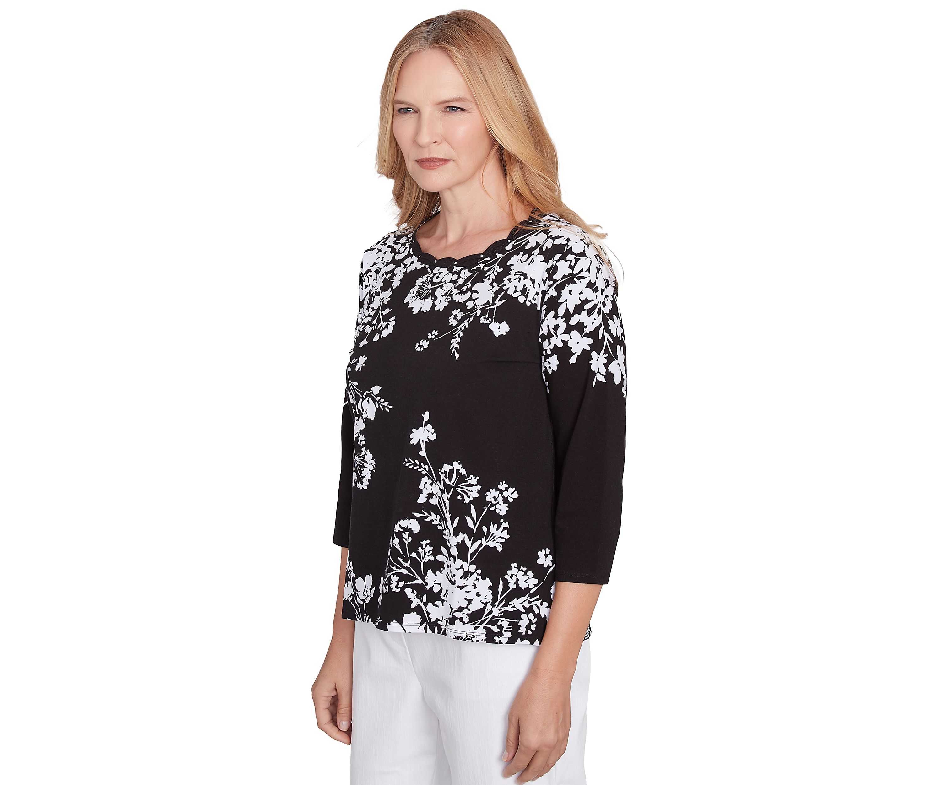 Petite Classics Monotone Asymmetric Floral Printed Top