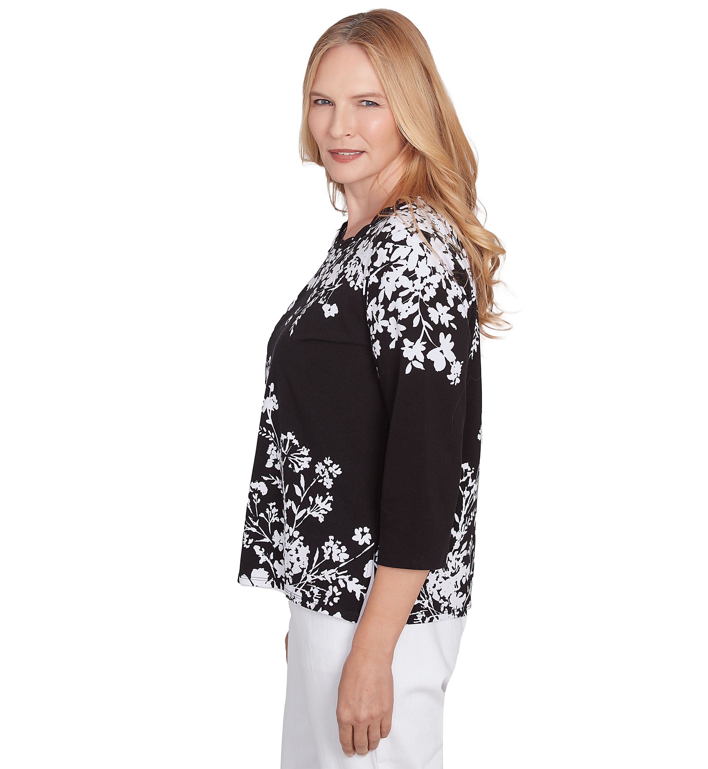 Petite Classics Monotone Asymmetric Floral Printed Top
