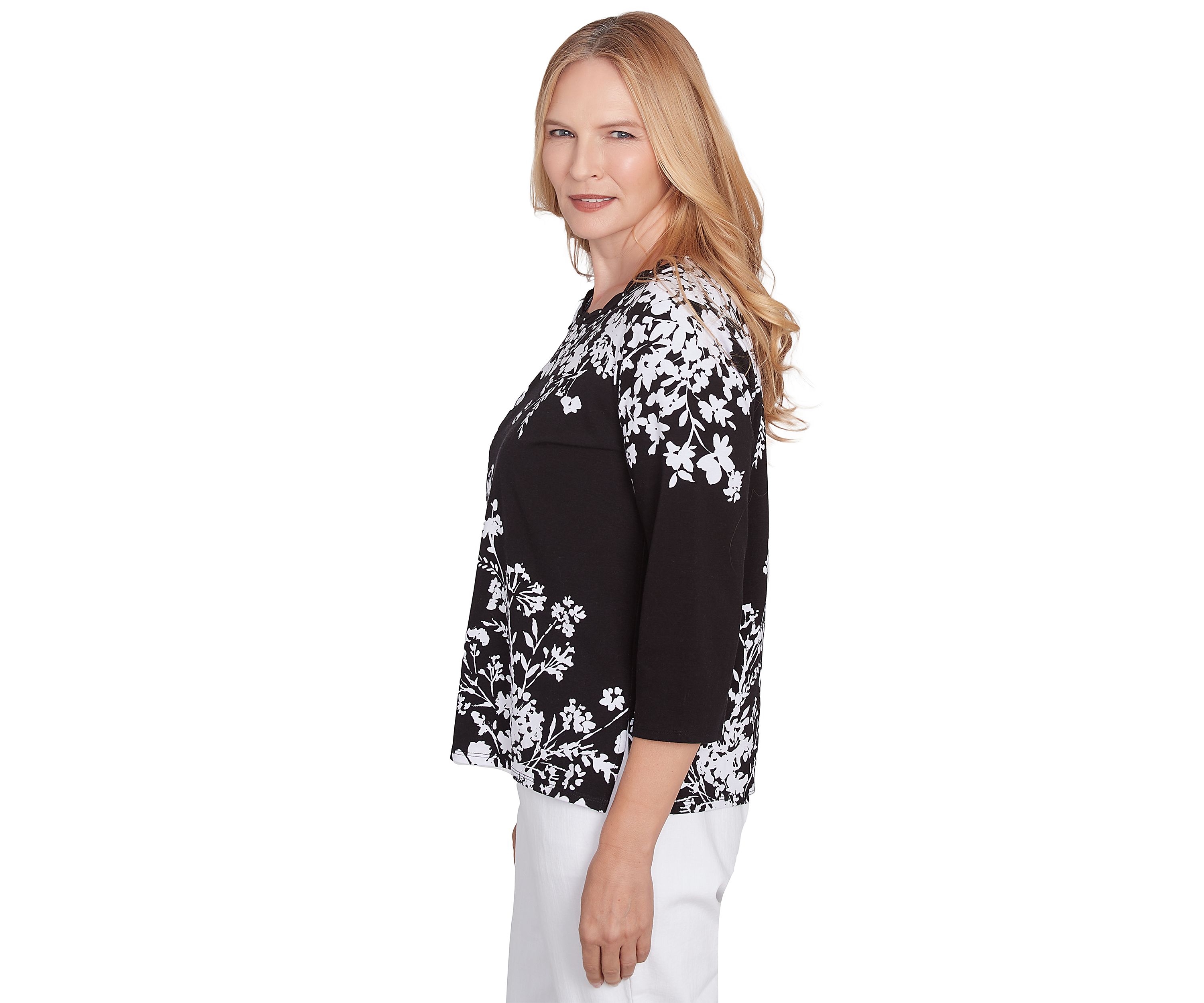 Petite Classics Monotone Asymmetric Floral Printed Top