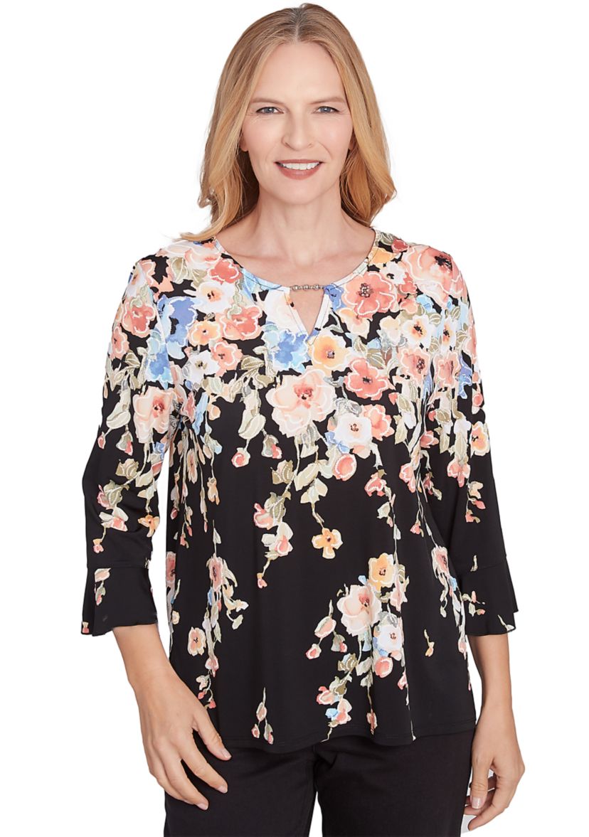 Petite 3/4 Sleeve Falling Flowers Knit Top