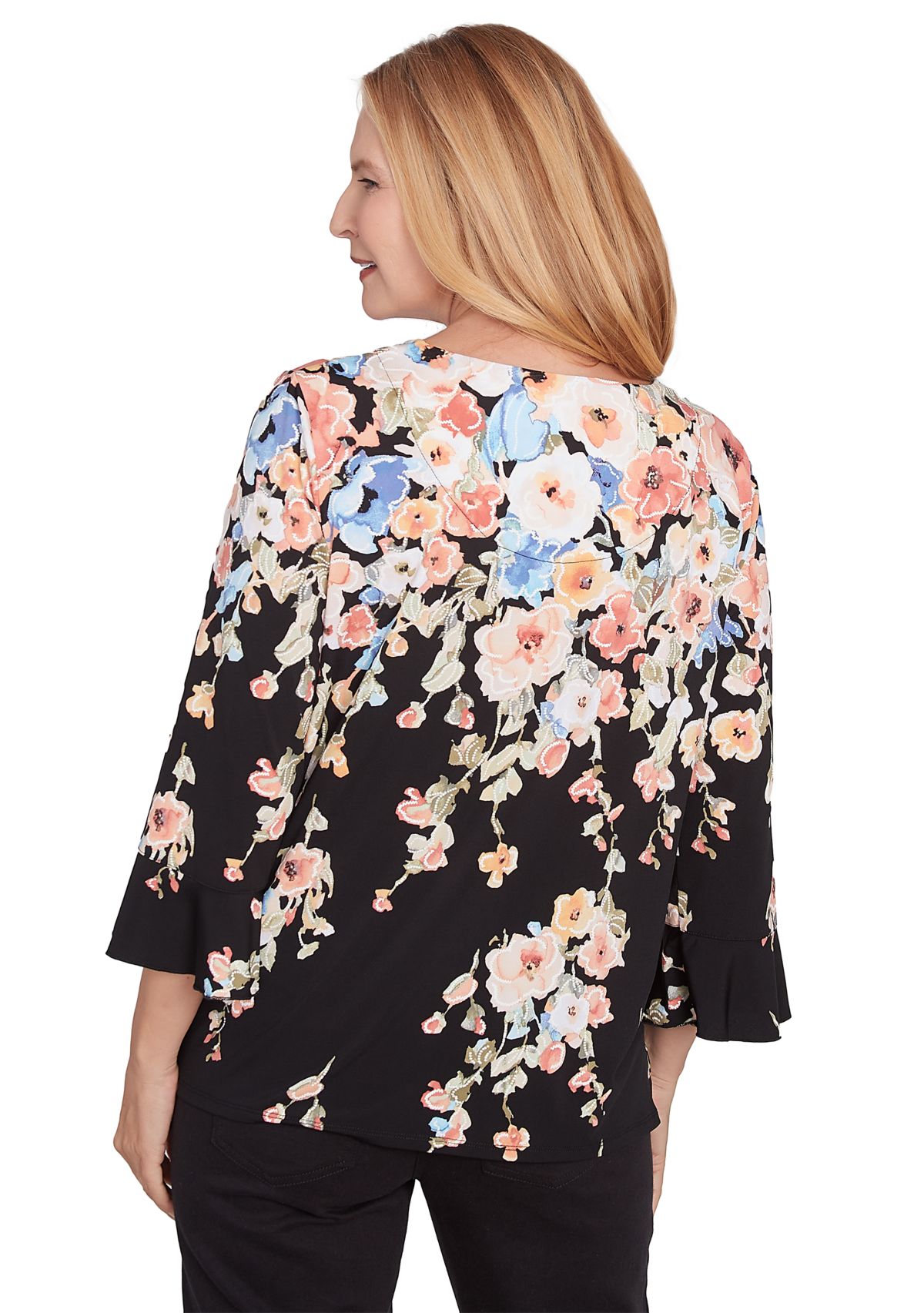 Petite 3/4 Sleeve Falling Flowers Knit Top