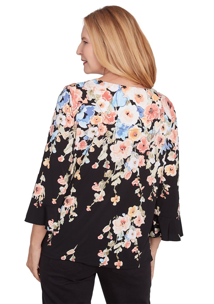 Petite 3/4 Sleeve Falling Flowers Knit Top