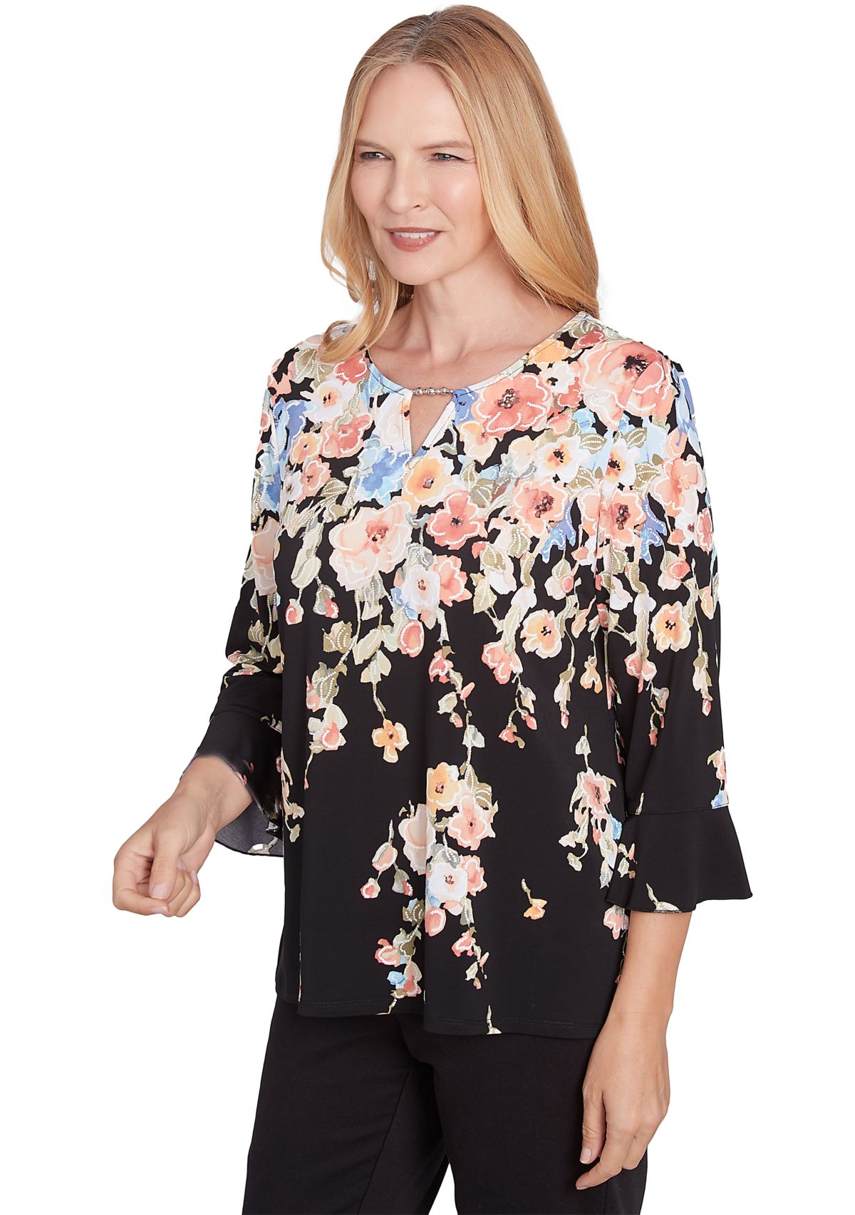 Petite 3/4 Sleeve Falling Flowers Knit Top