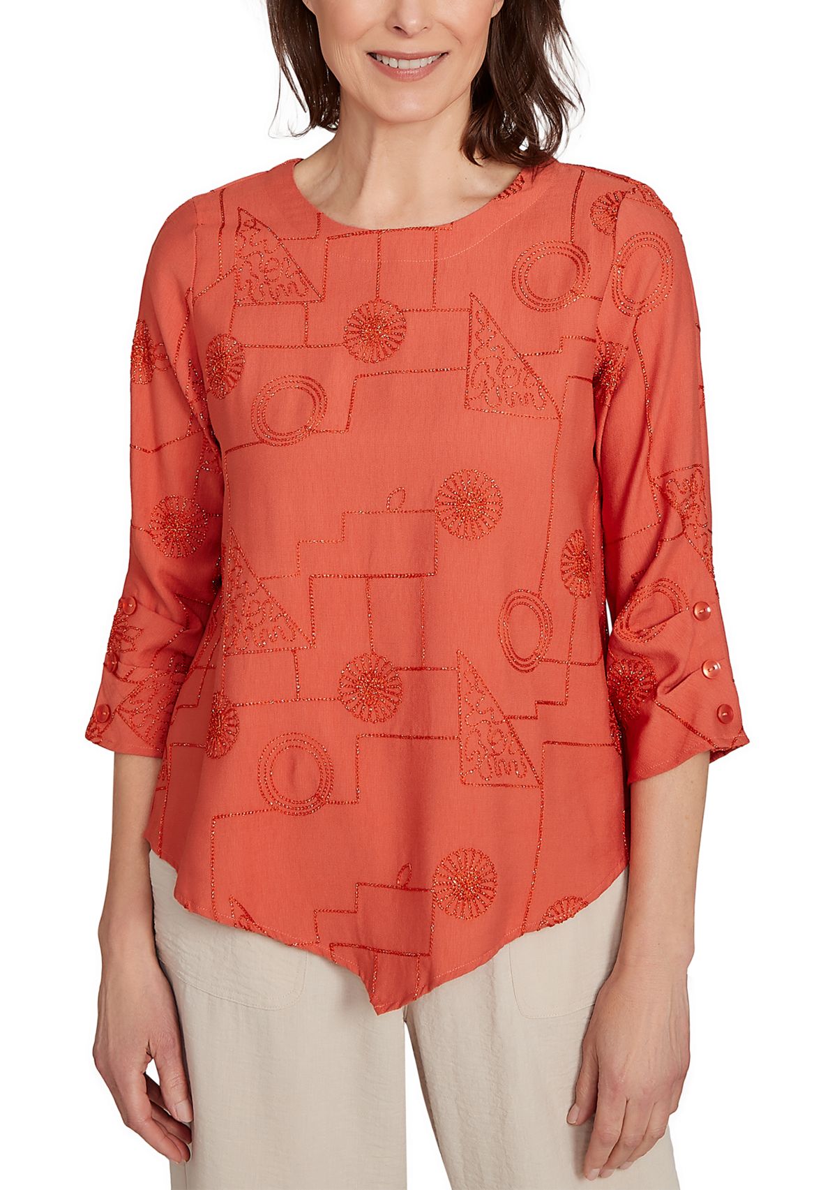 Womens Copper Canyon Metallic Geometric Embroidery Top