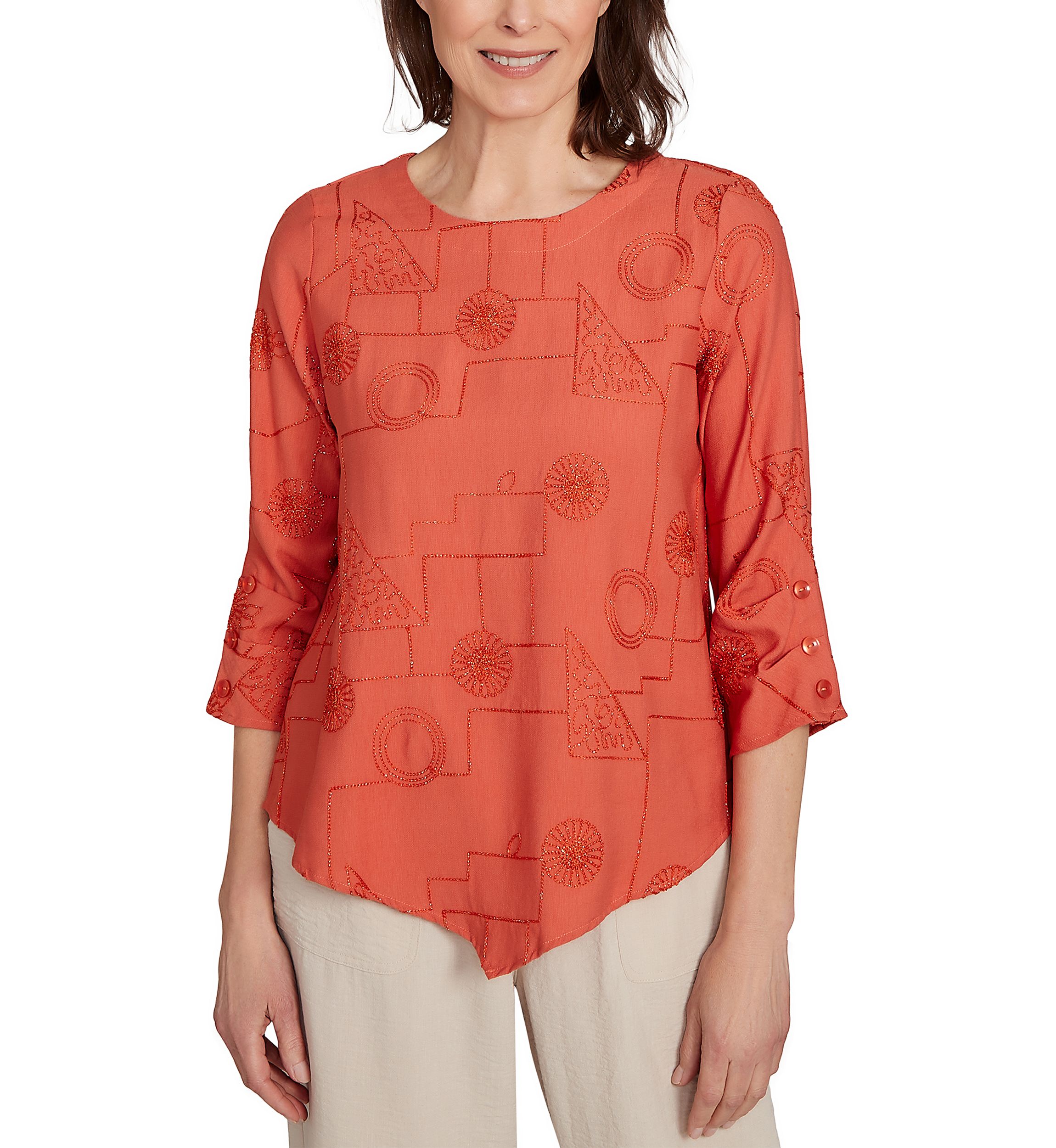 Womens Copper Canyon Metallic Geometric Embroidery Top
