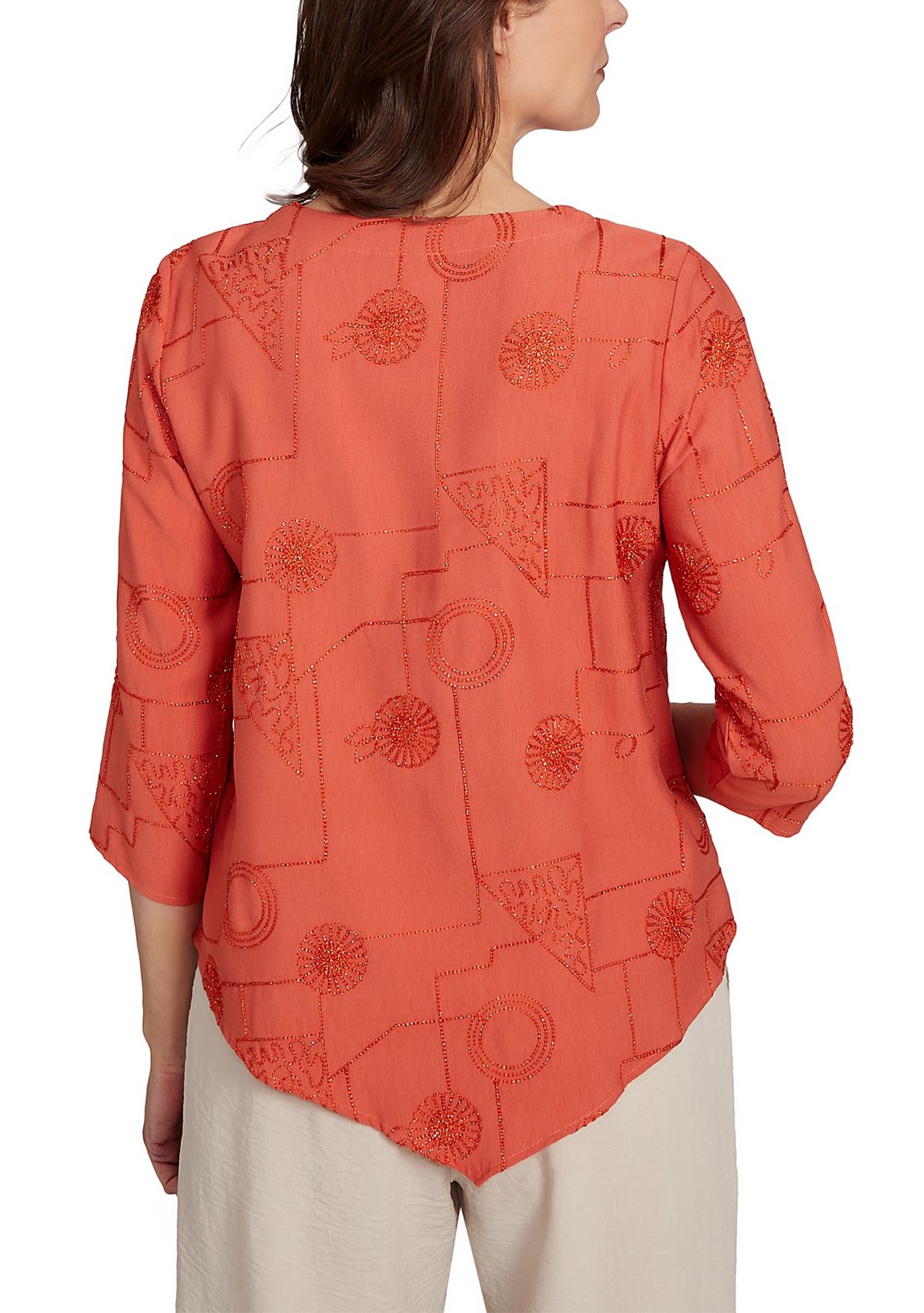 Womens Copper Canyon Metallic Geometric Embroidery Top
