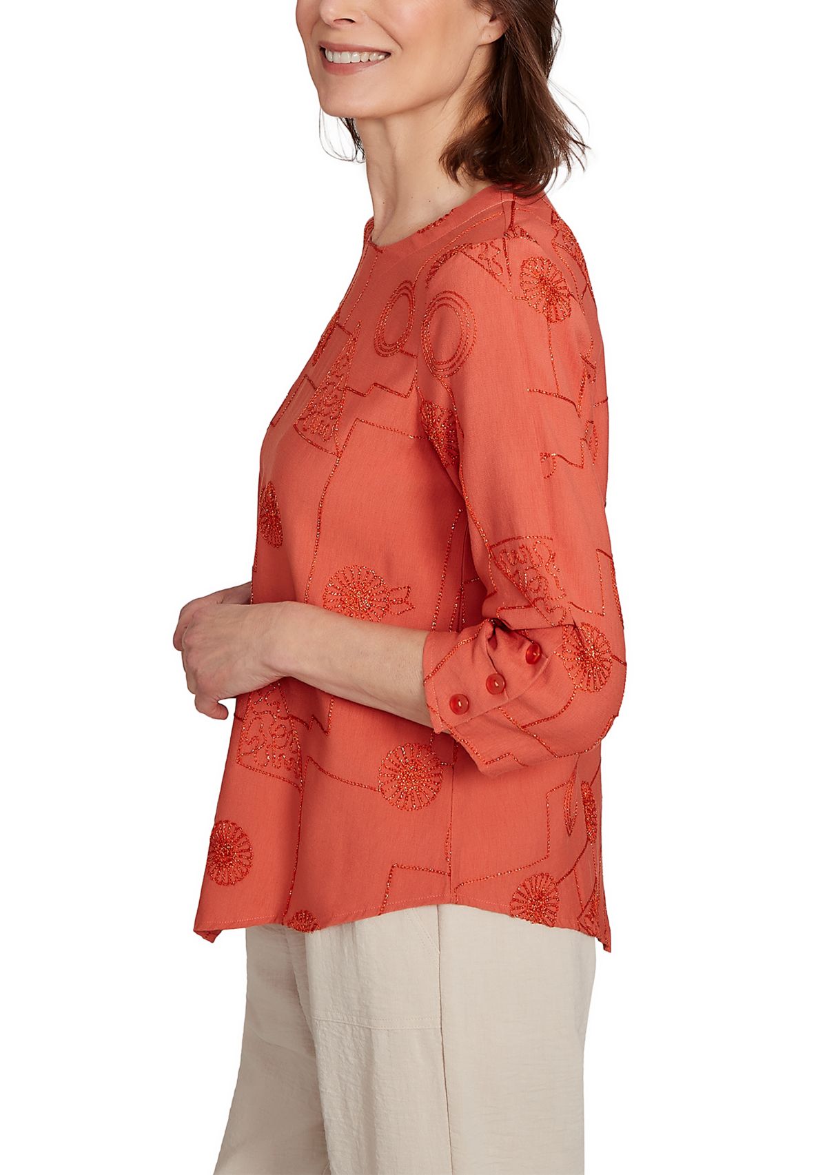 Womens Copper Canyon Metallic Geometric Embroidery Top