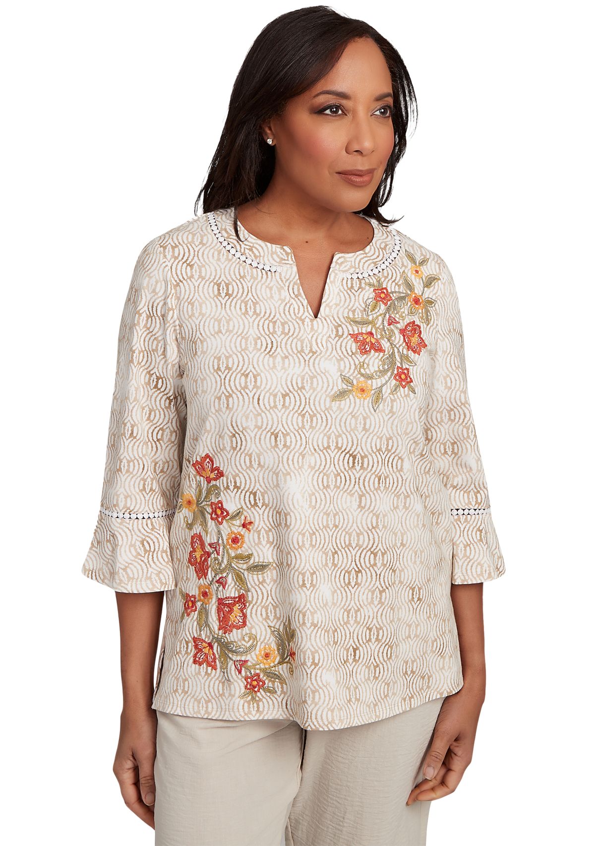 Womens Copper Canyon Print with Flower Embroidery Top
