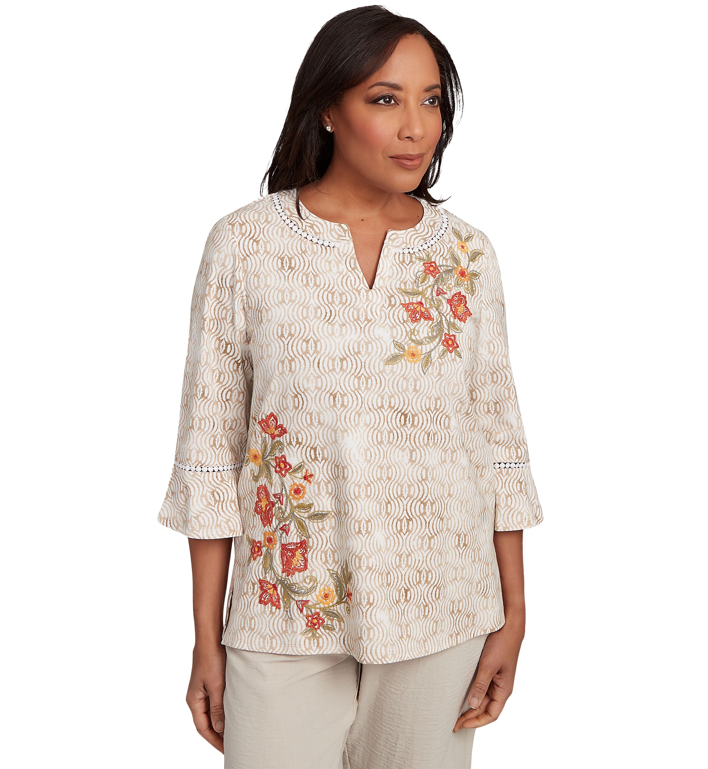 Womens Copper Canyon Print with Flower Embroidery Top