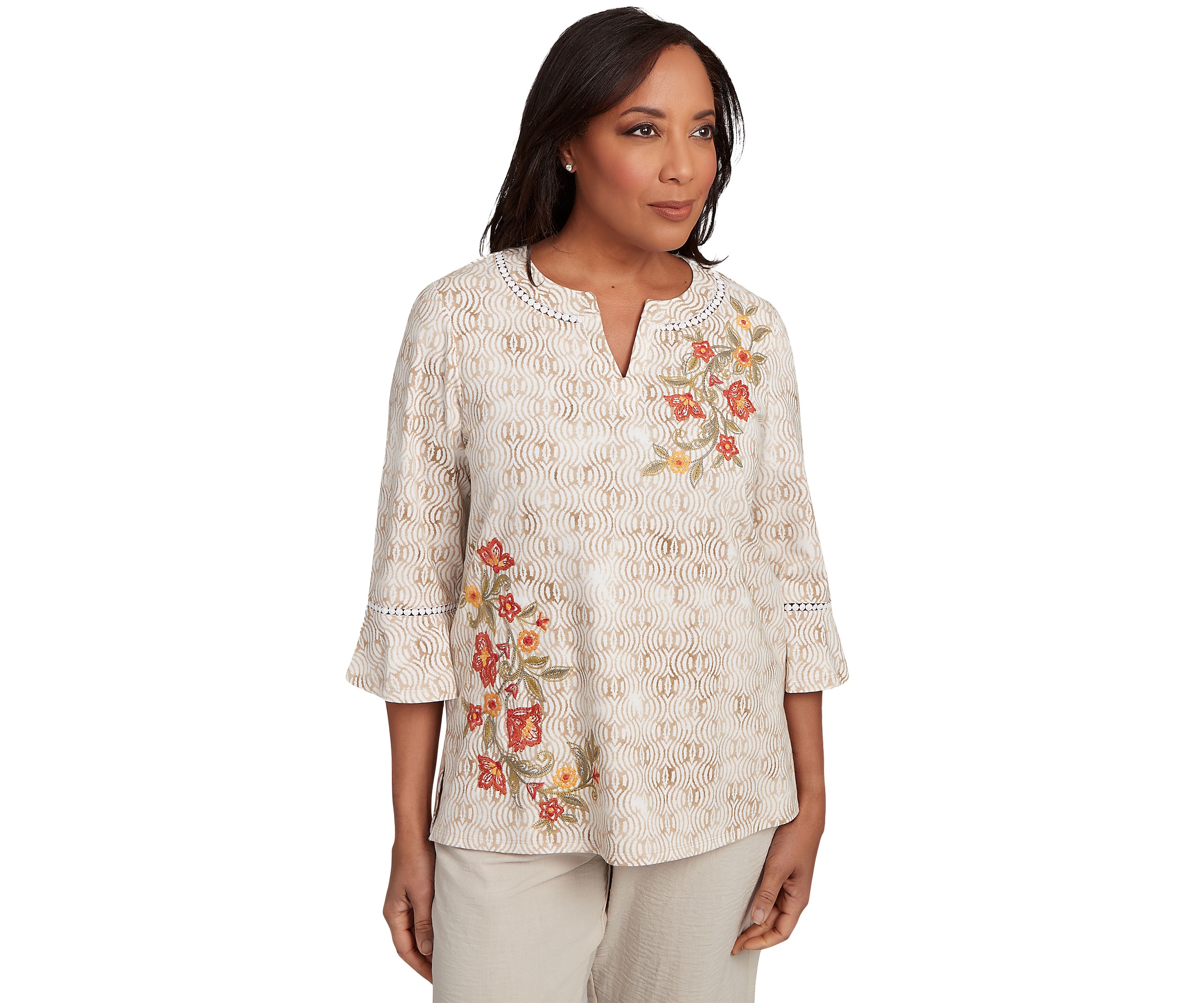 Womens Copper Canyon Print with Flower Embroidery Top