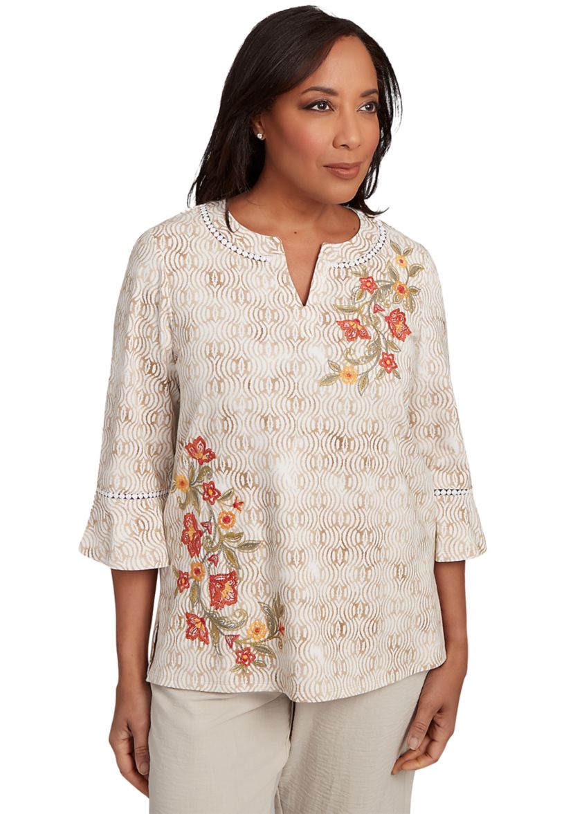 Womens Copper Canyon Print with Flower Embroidery Top