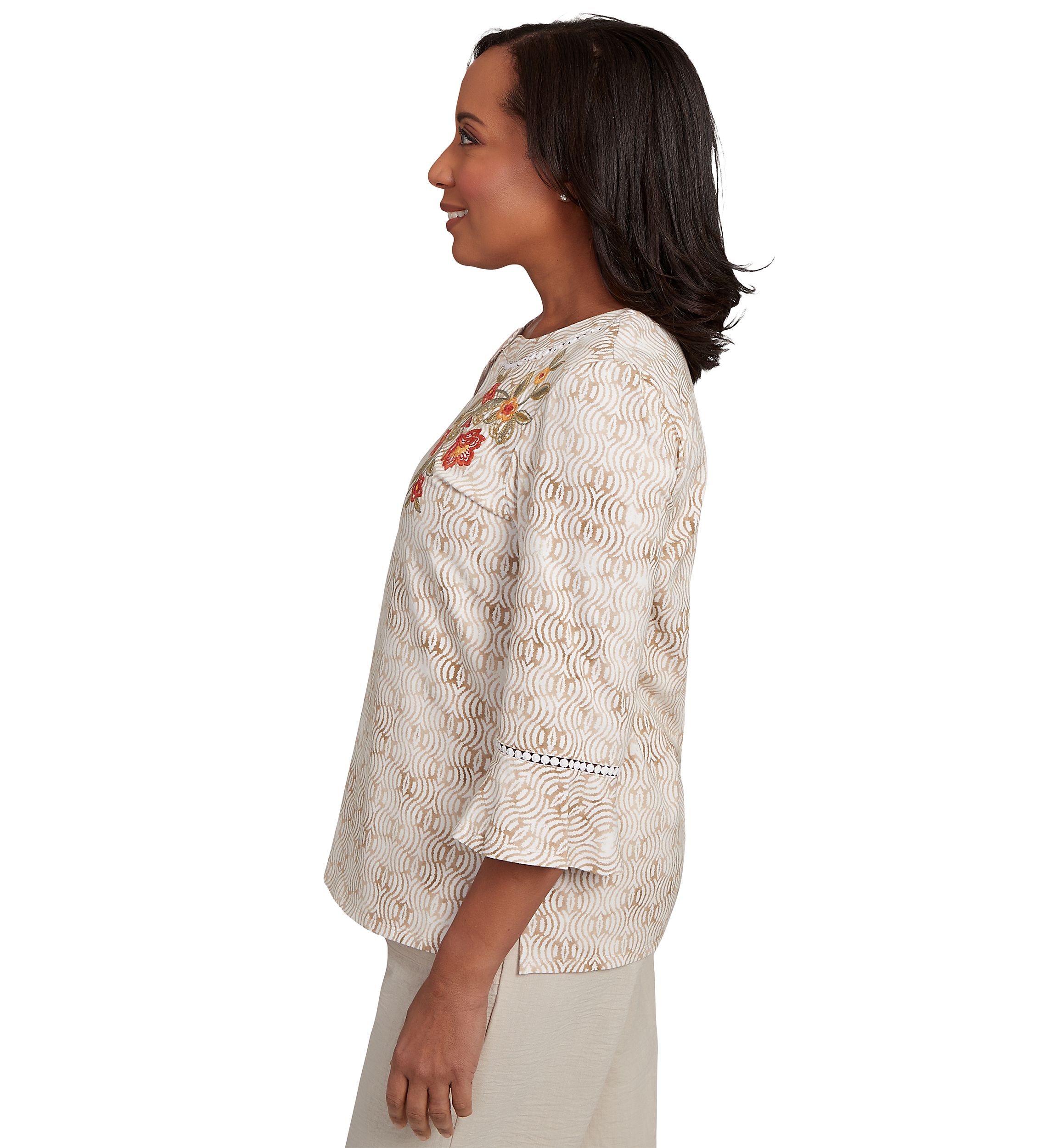Womens Copper Canyon Print with Flower Embroidery Top