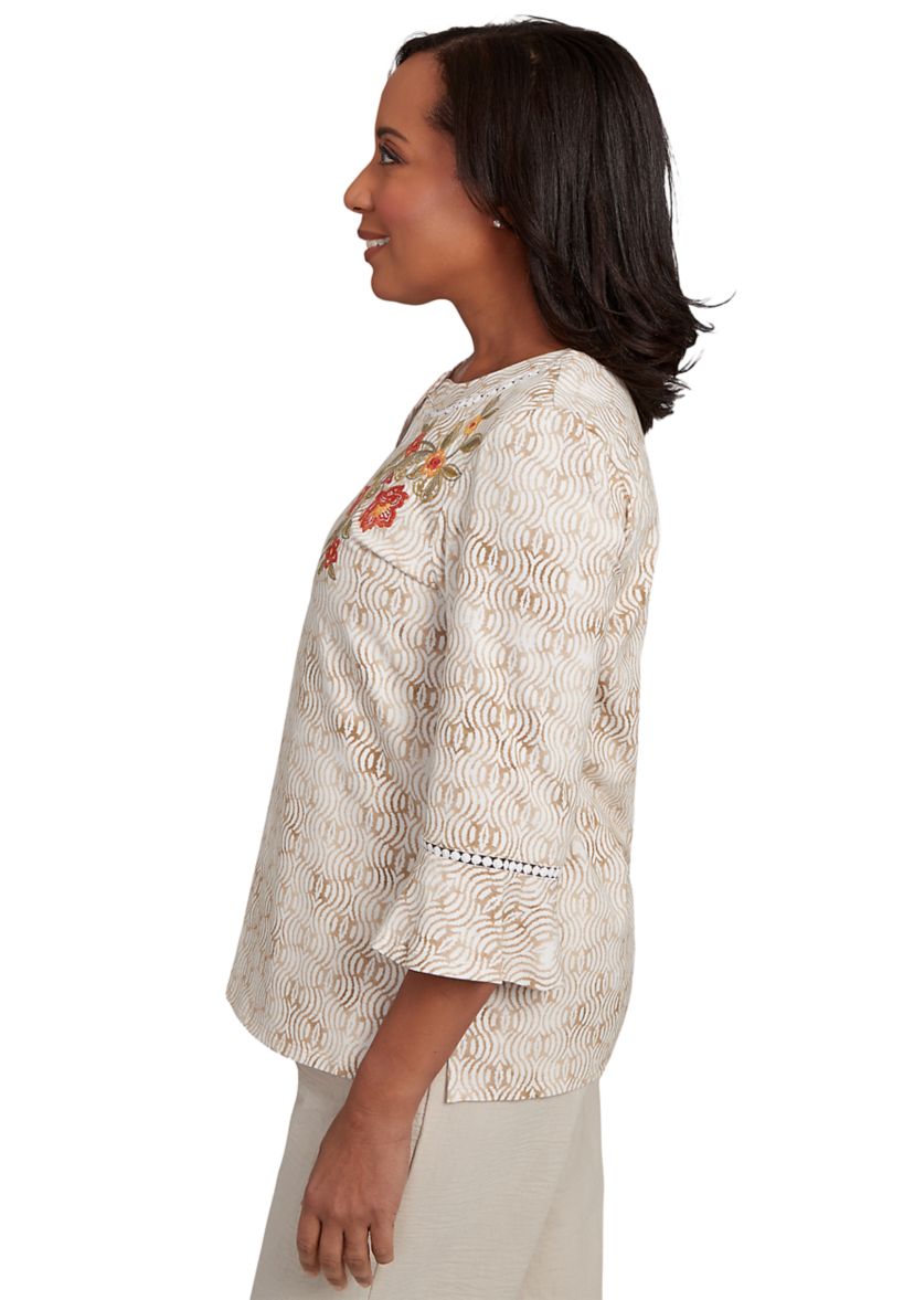 Womens Copper Canyon Print with Flower Embroidery Top