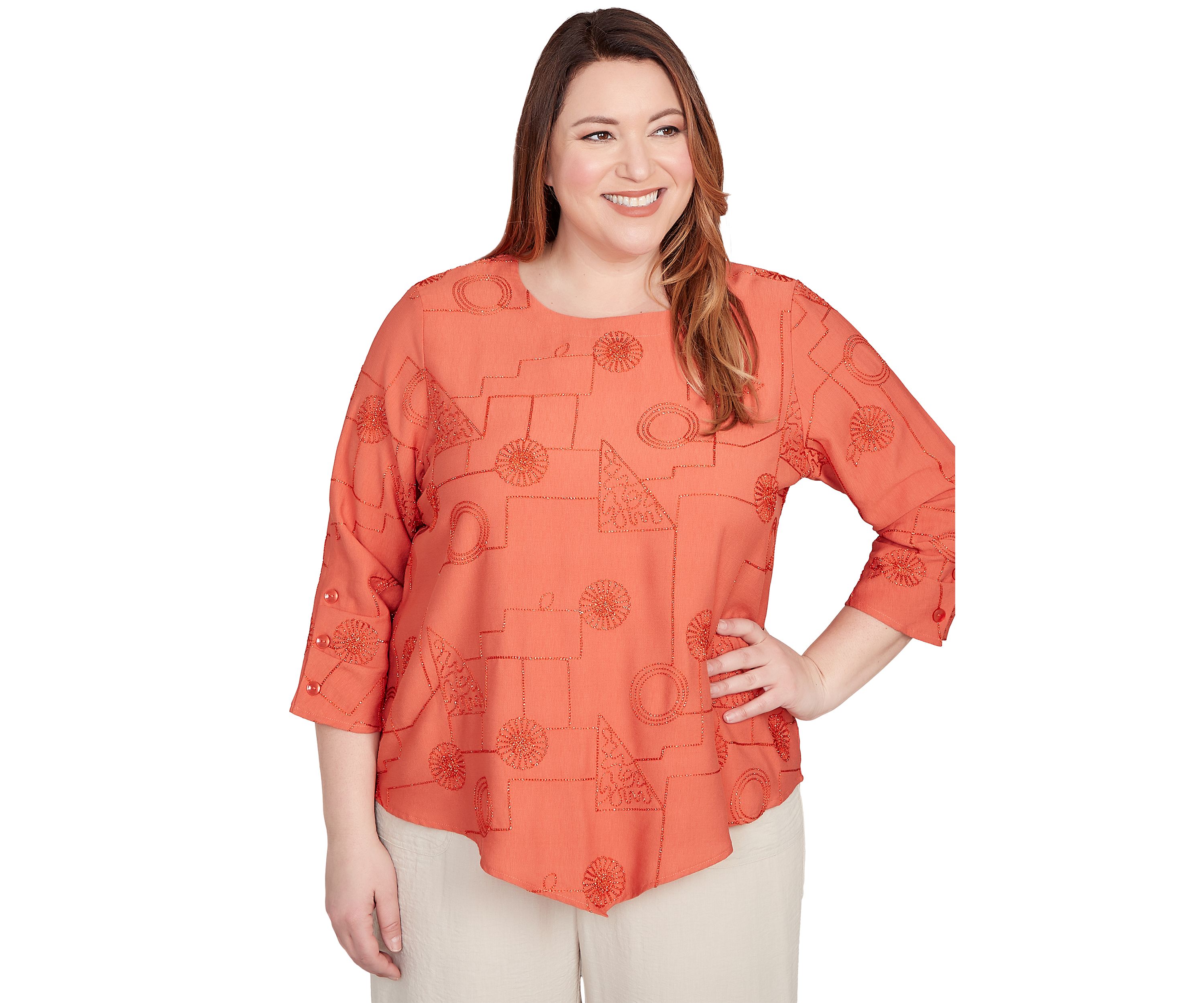 Plus Size Copper Canyon Metallic Geometric Embroidery Top