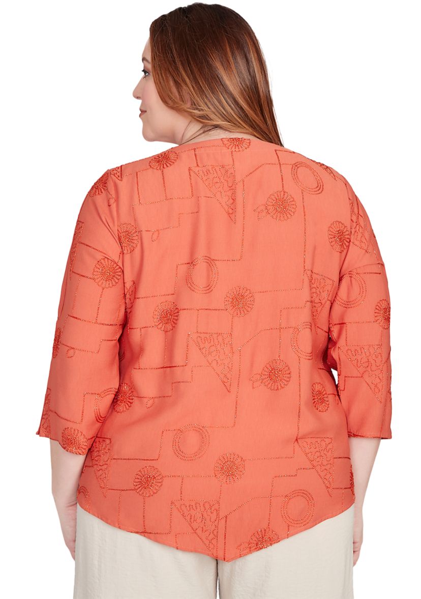 Plus Size Copper Canyon Metallic Geometric Embroidery Top