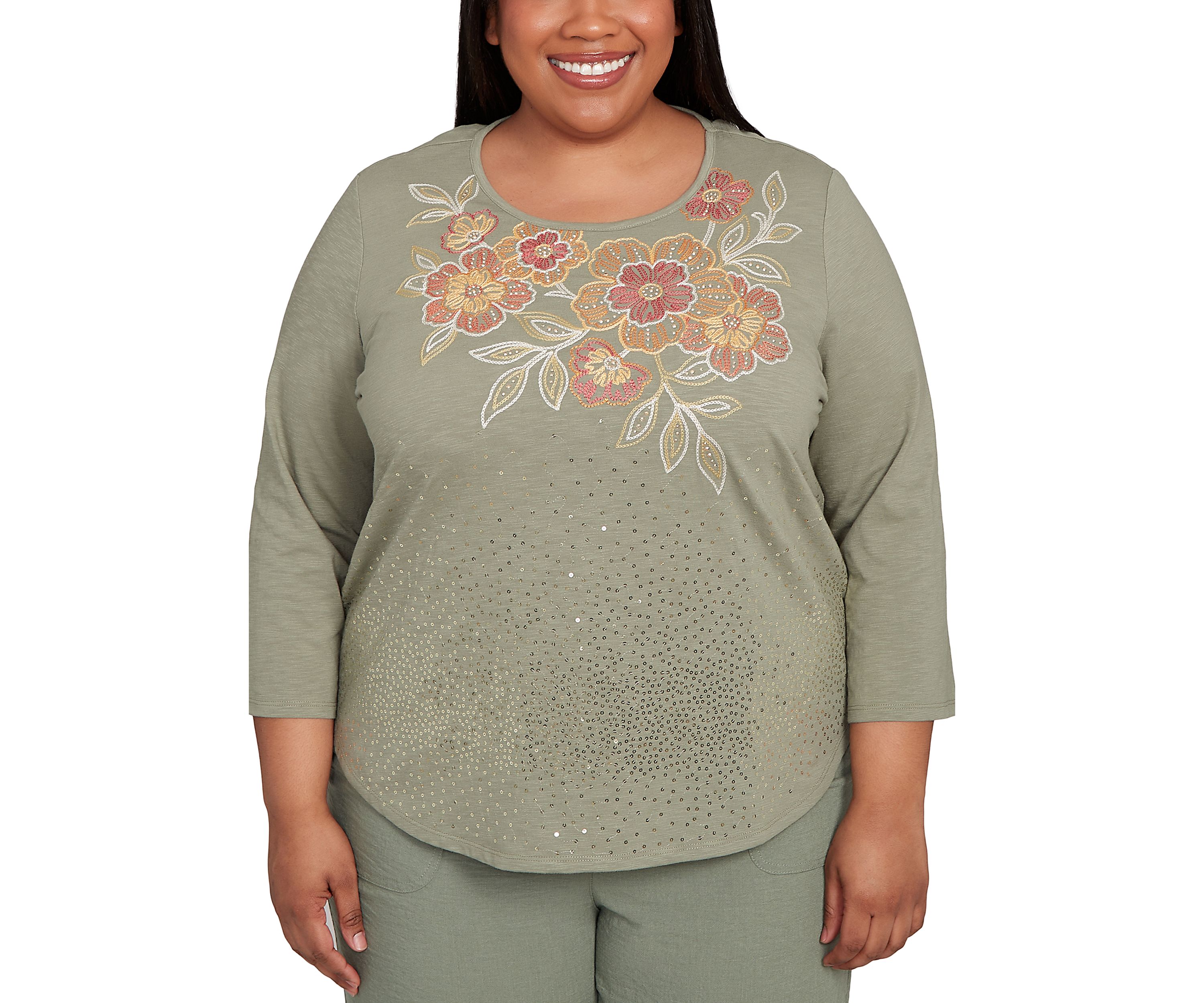 Plus Size Copper Canyon Floral Yoke with Scattered Sequins Top