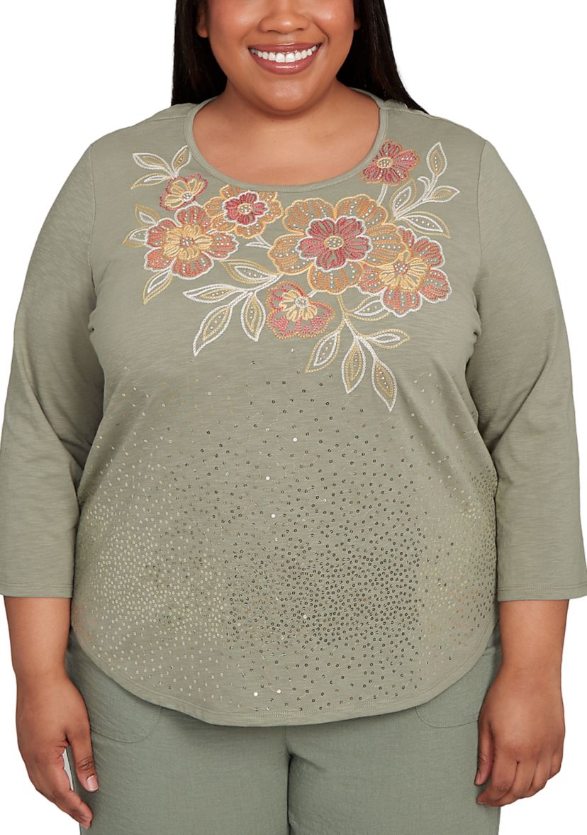 Plus Size Copper Canyon Floral Yoke with Scattered Sequins Top