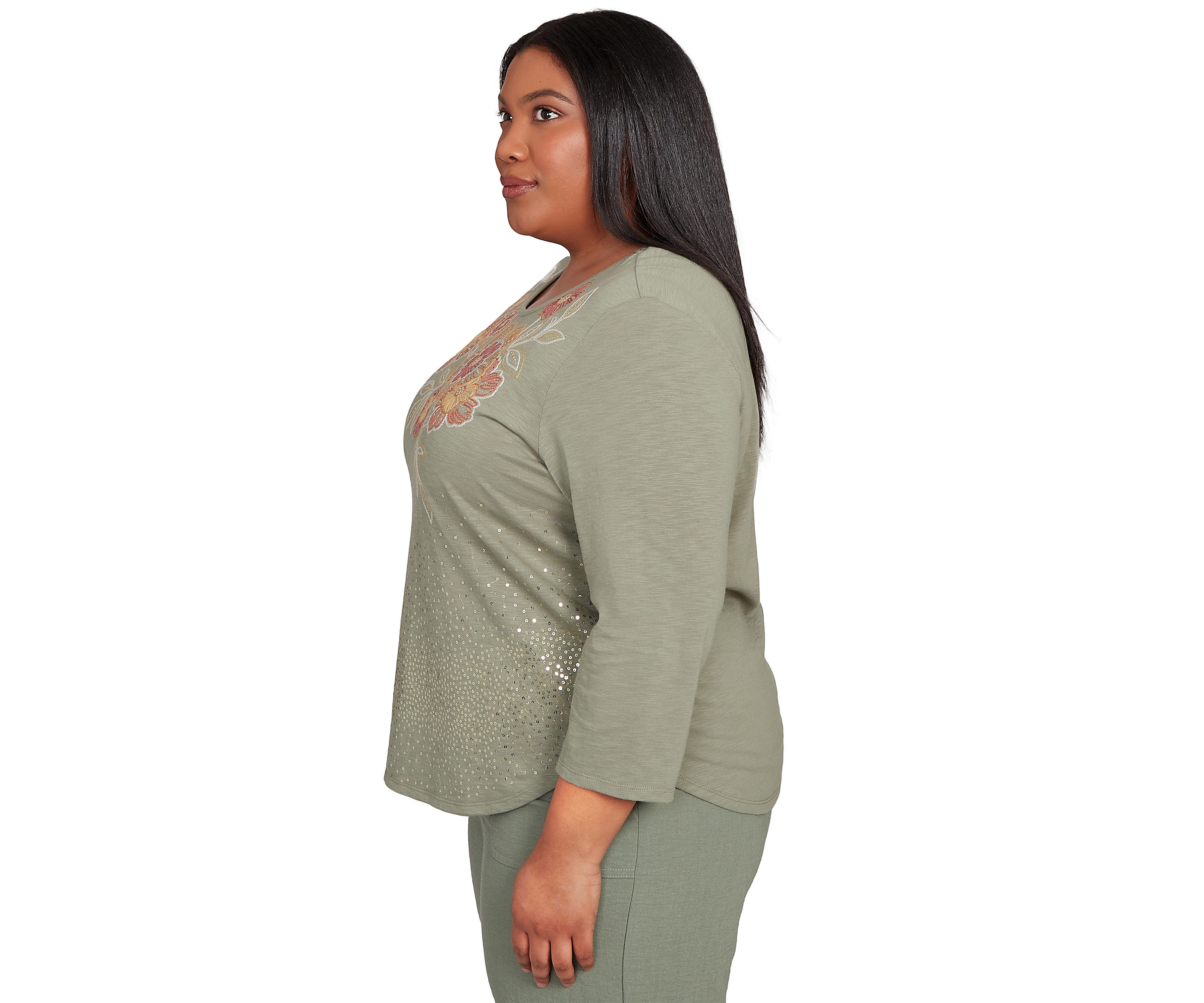 Plus Size Copper Canyon Floral Yoke with Scattered Sequins Top