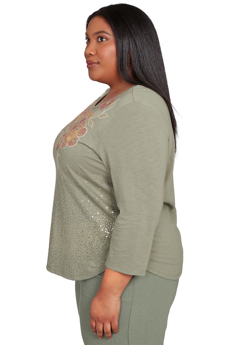 Plus Size Copper Canyon Floral Yoke with Scattered Sequins Top