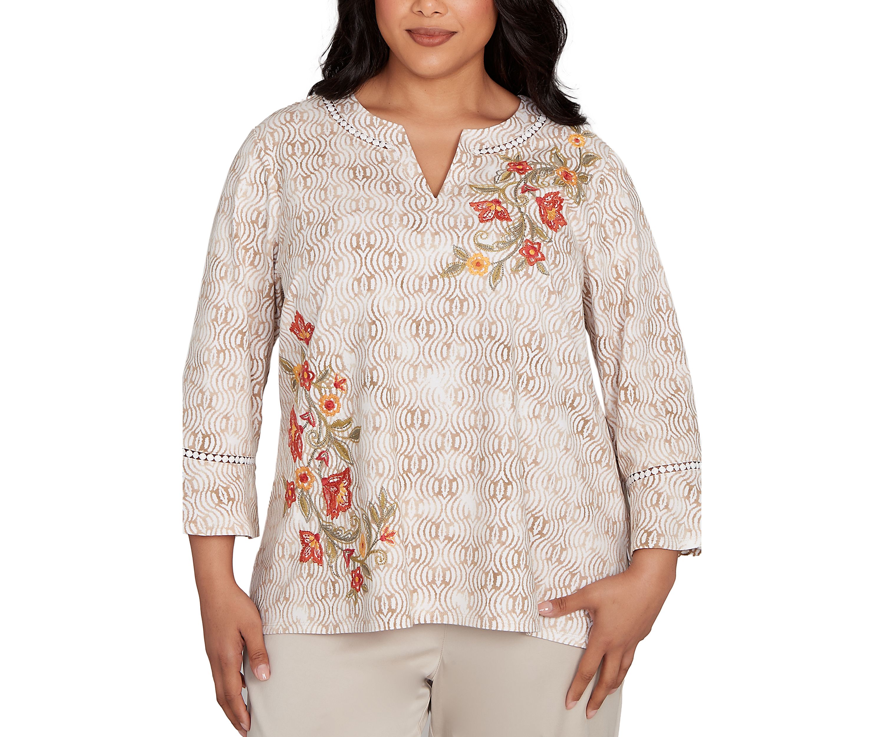 Plus Size Copper Canyon Print Top with Flower Embroidery