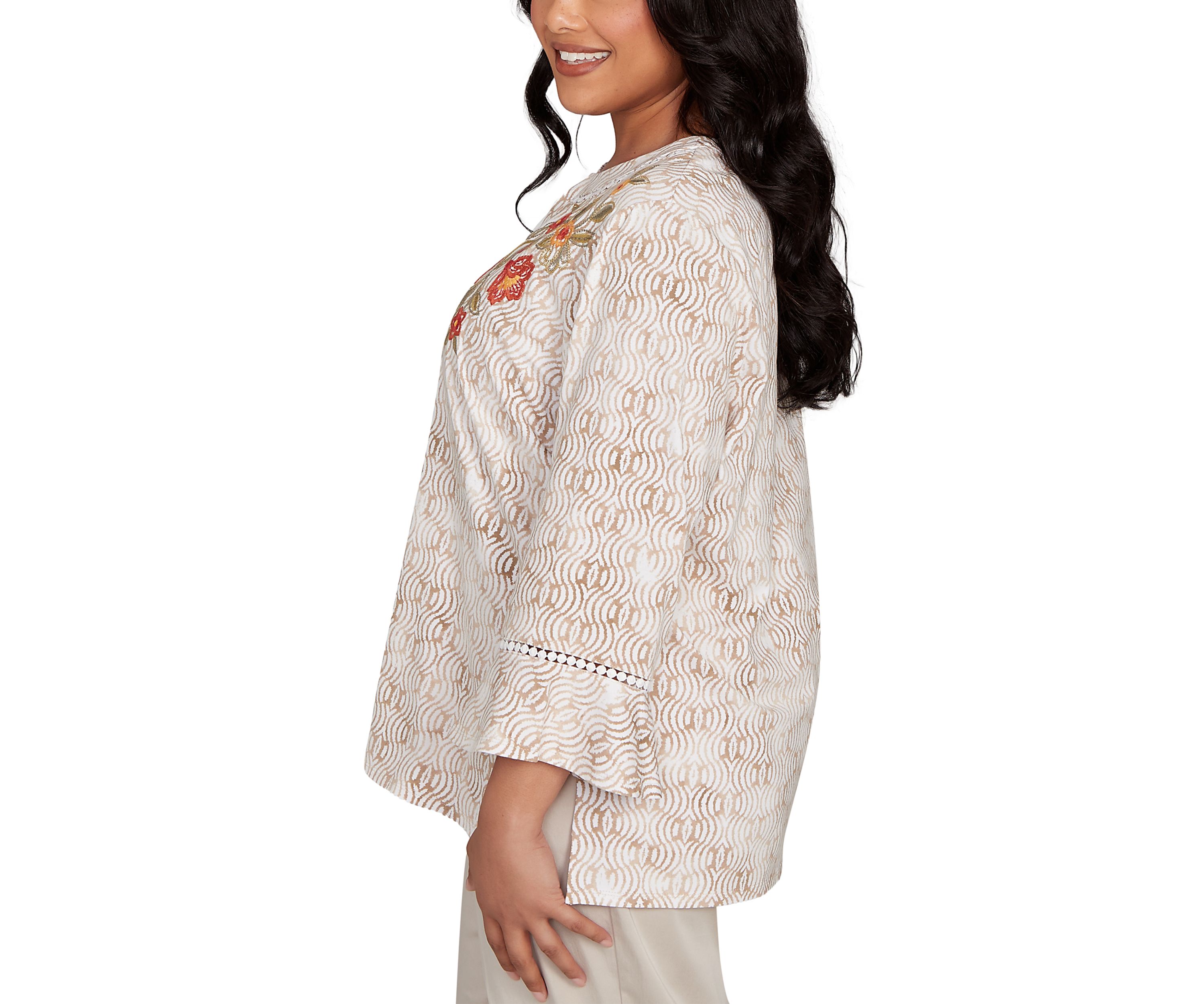 Plus Size Copper Canyon Print Top with Flower Embroidery