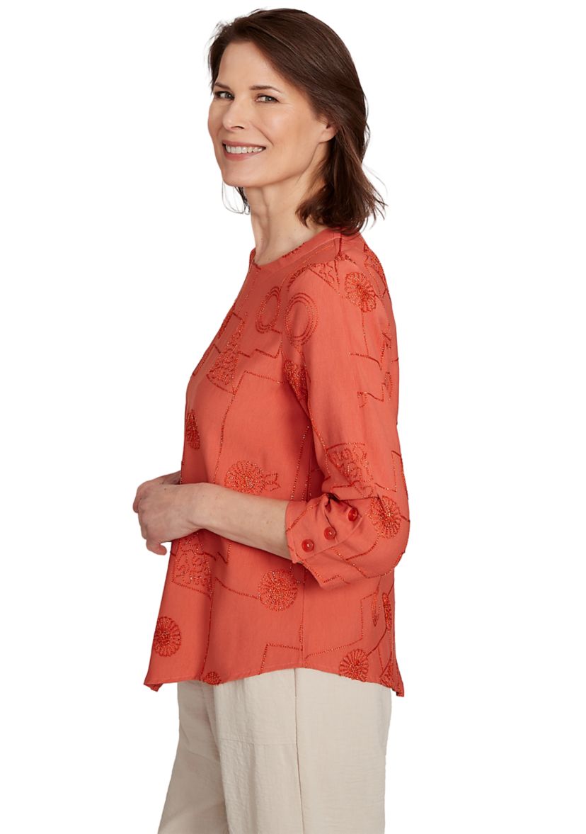 Petite Copper Canyon Metallic Geometric Embroidery Top