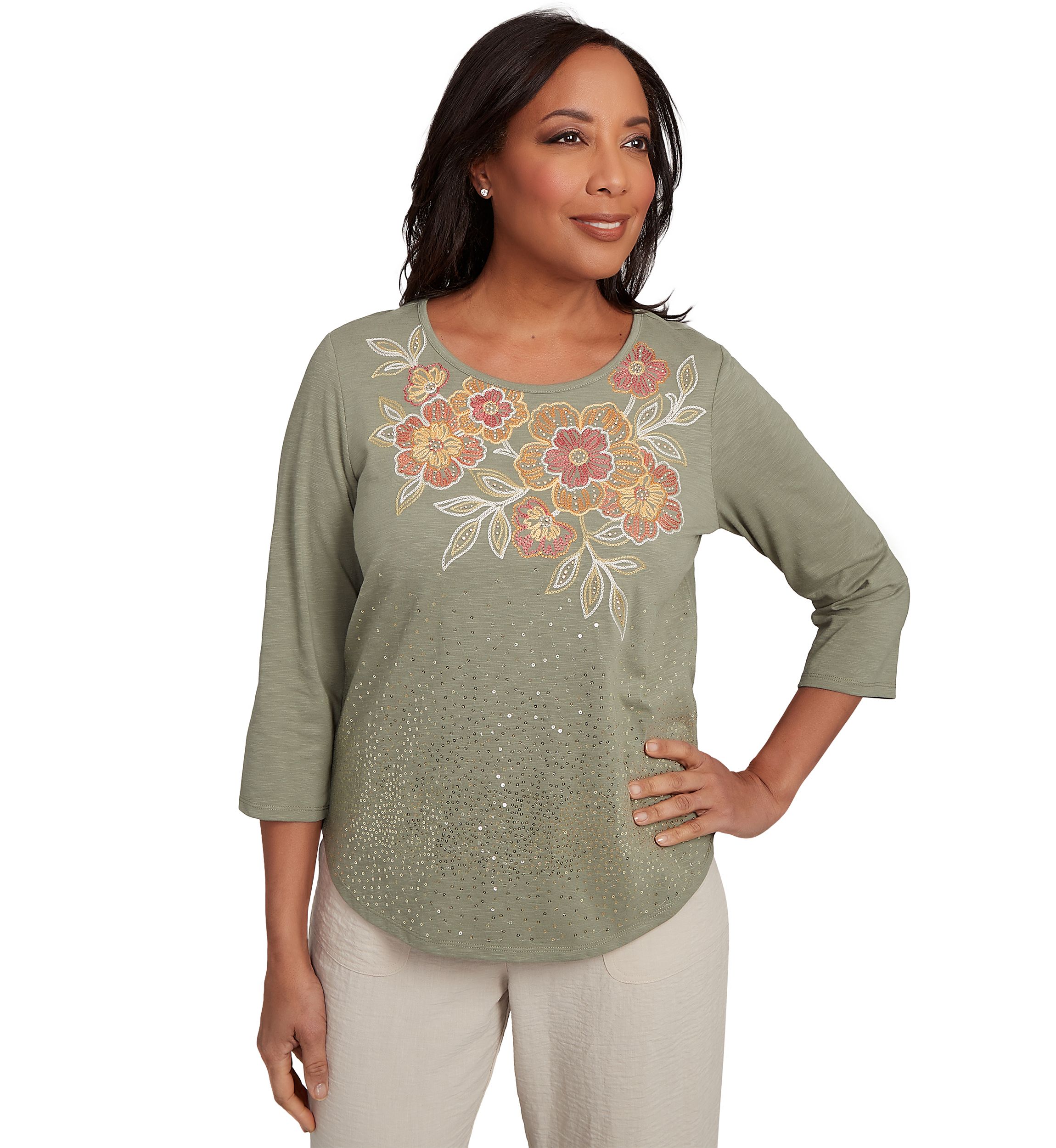Petite Copper Canyon Floral Yoke with Scattered Sequins Top