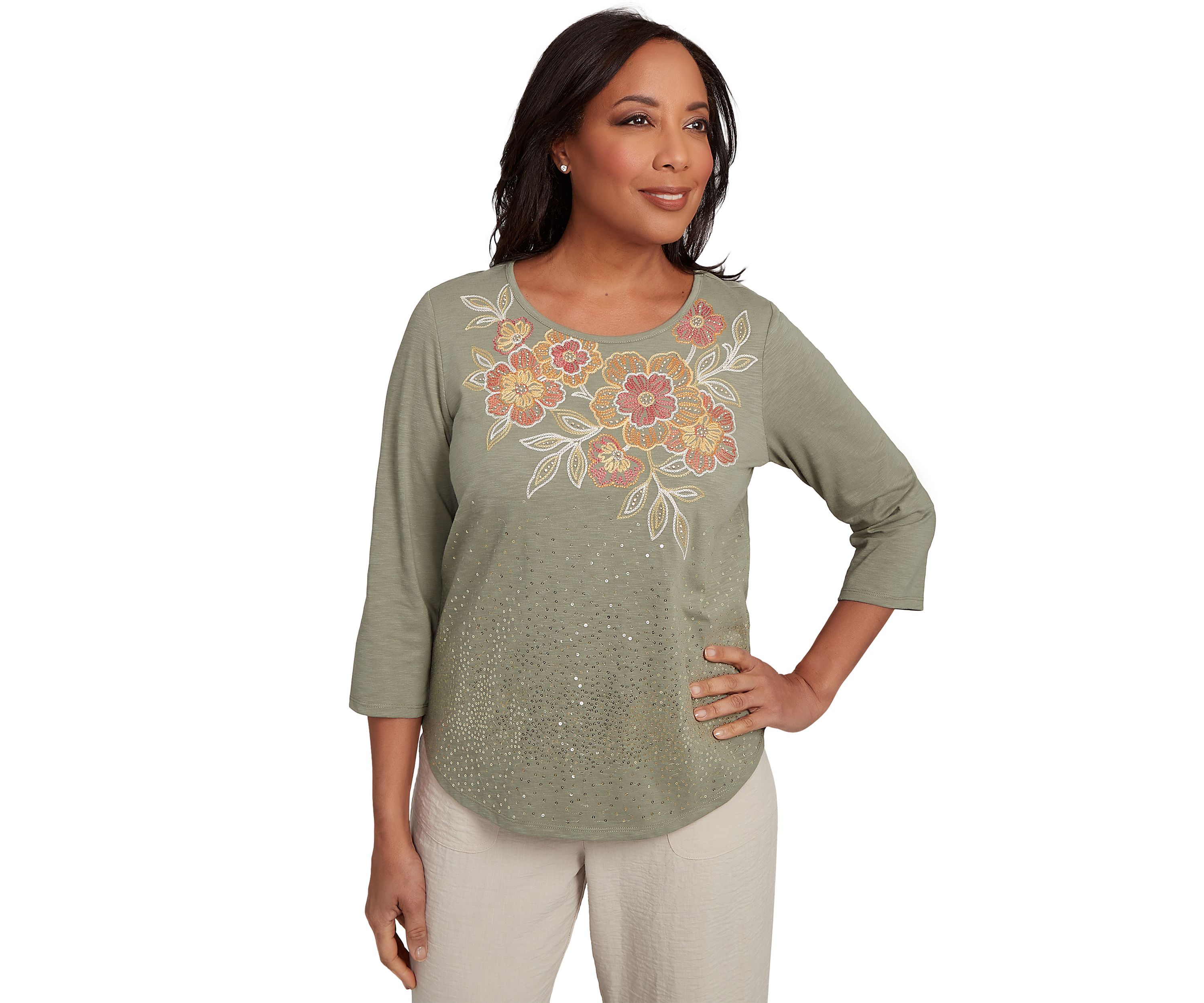 Petite Copper Canyon Floral Yoke with Scattered Sequins Top