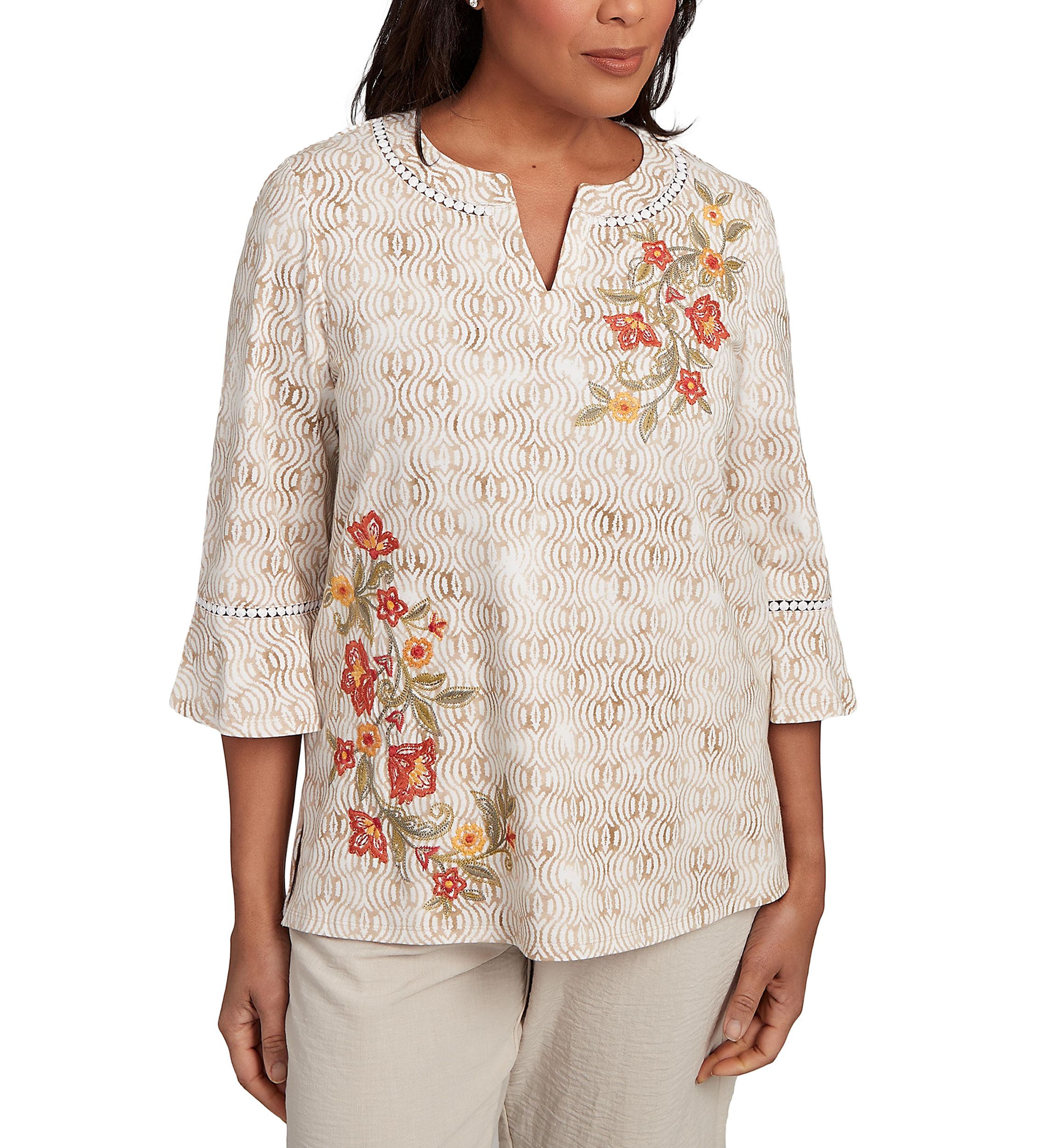 Petite Copper Canyon Print with Flower Embroidery Top 