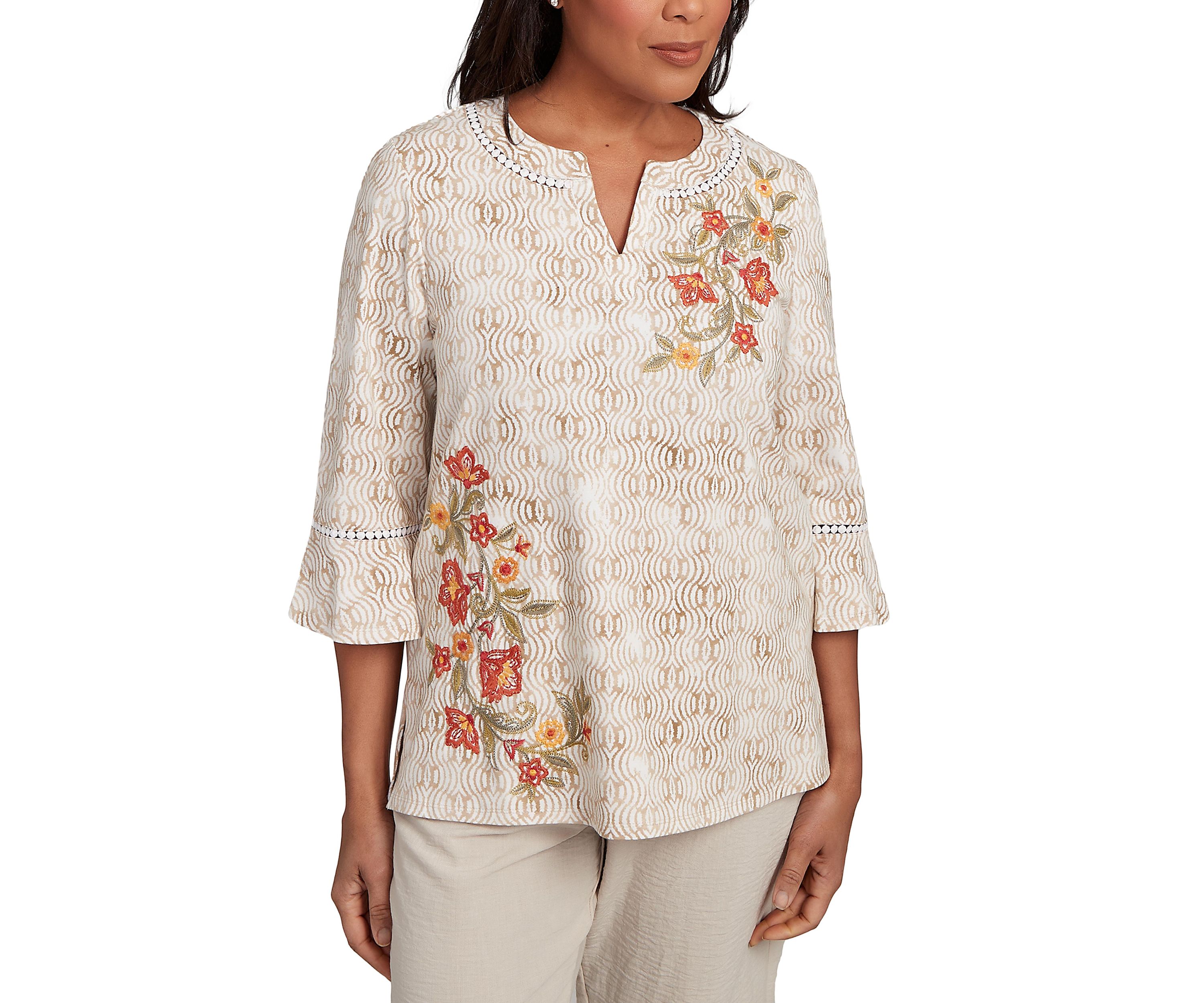 Petite Copper Canyon Print with Flower Embroidery Top 