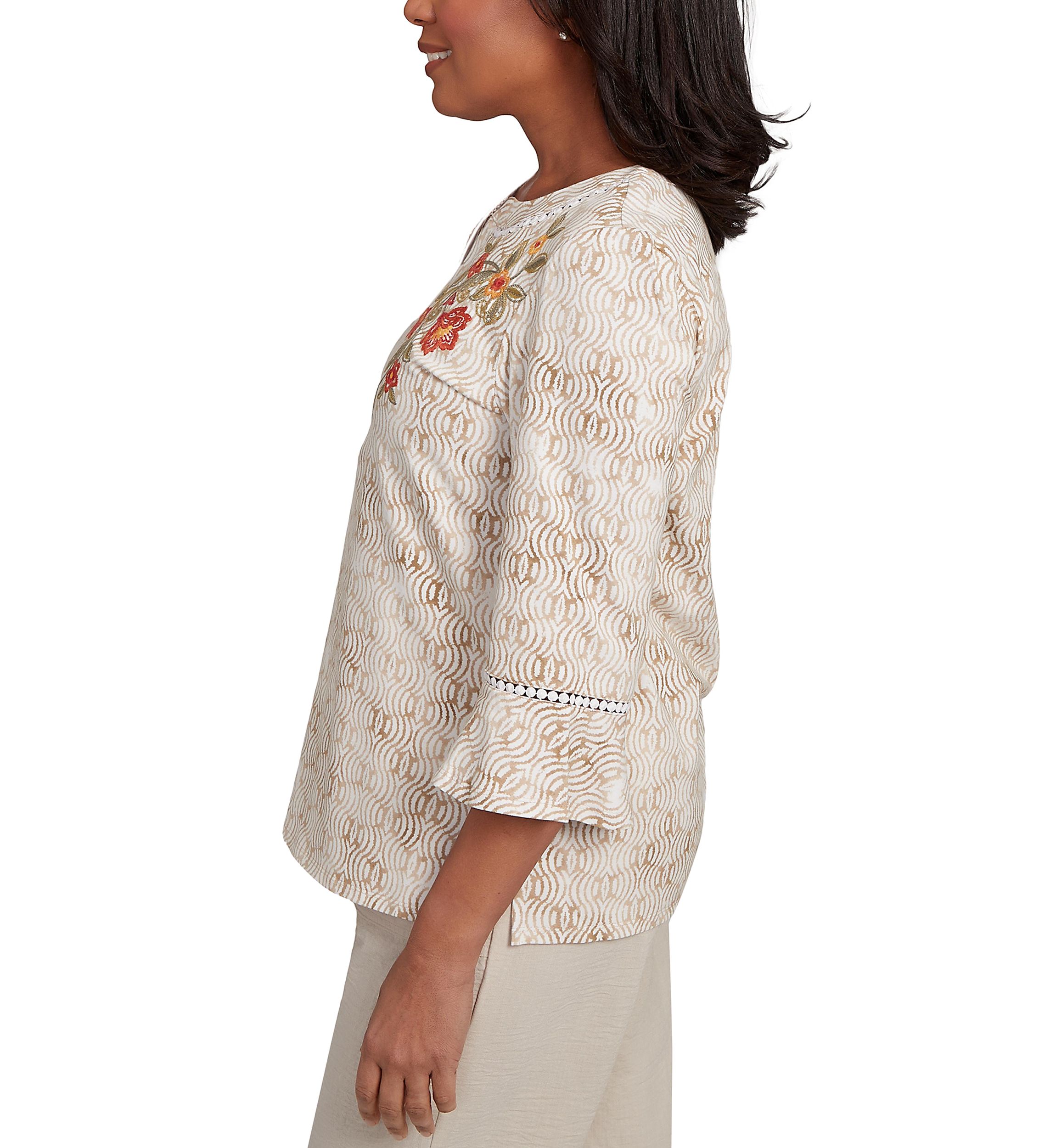Petite Copper Canyon Print with Flower Embroidery Top 