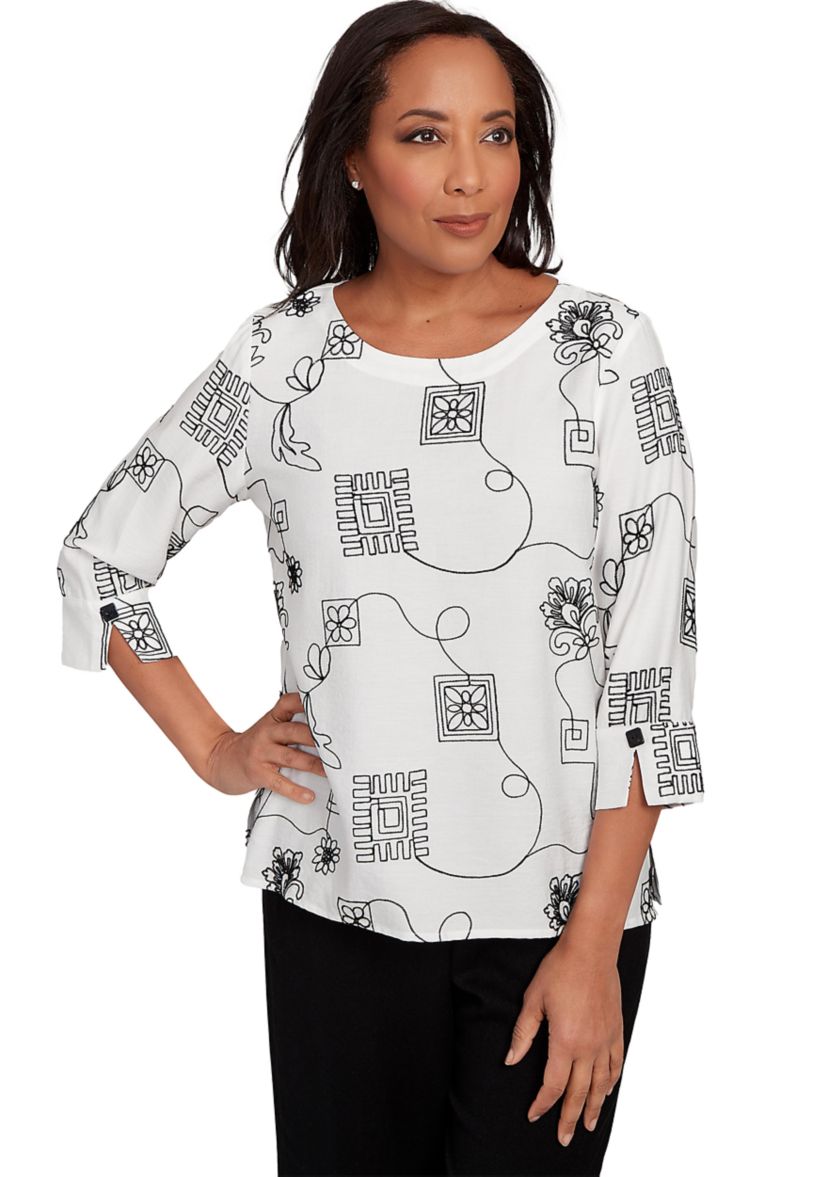 Womens Santa Barbara Geo Floral Soutache Embroidery Top