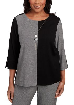 Alfred Dunner Women's Santa Barbara Center Spliced Top with Necklace, Small