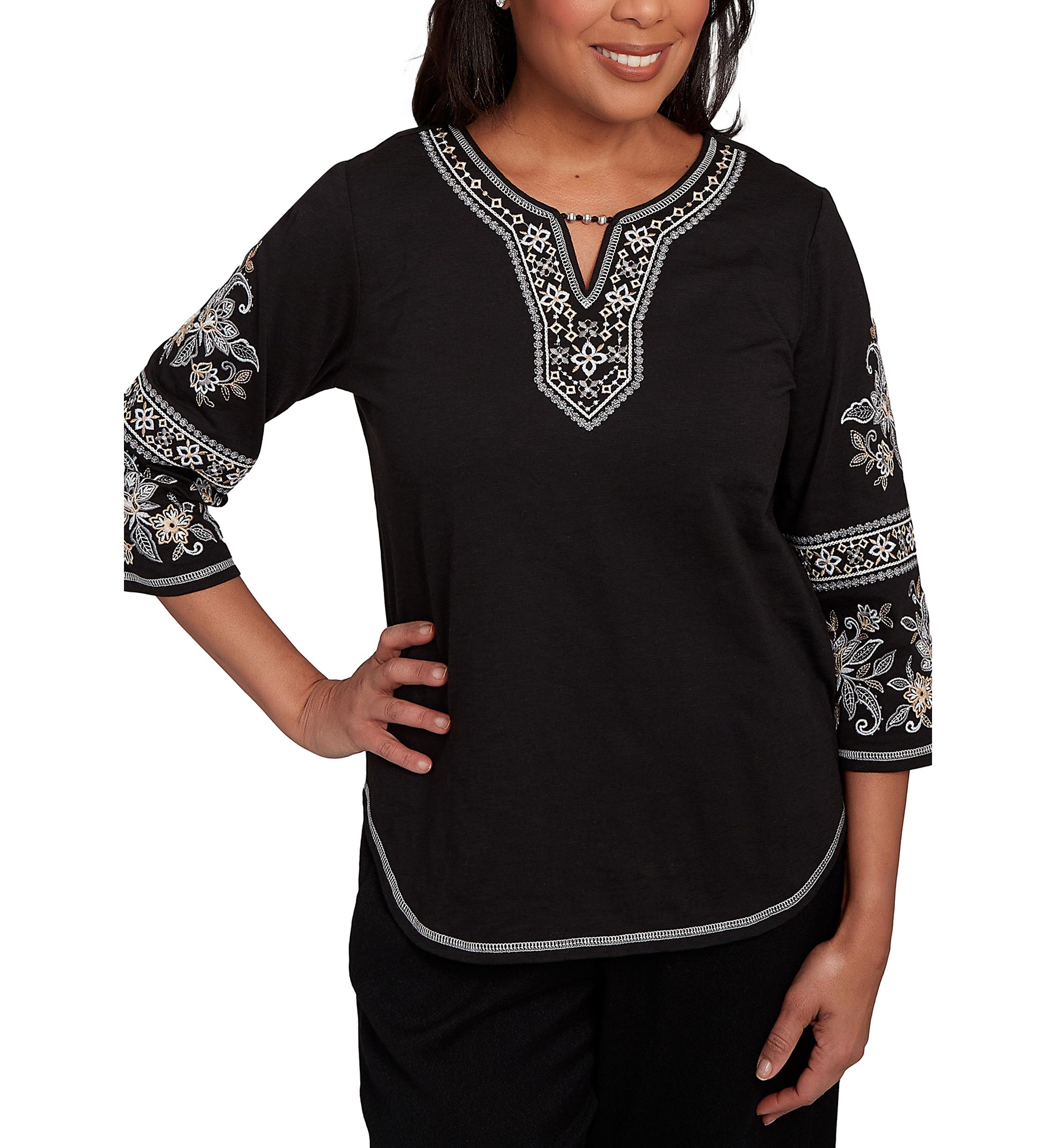 Womens Santa Barbara Embroidered Sleeves Top 