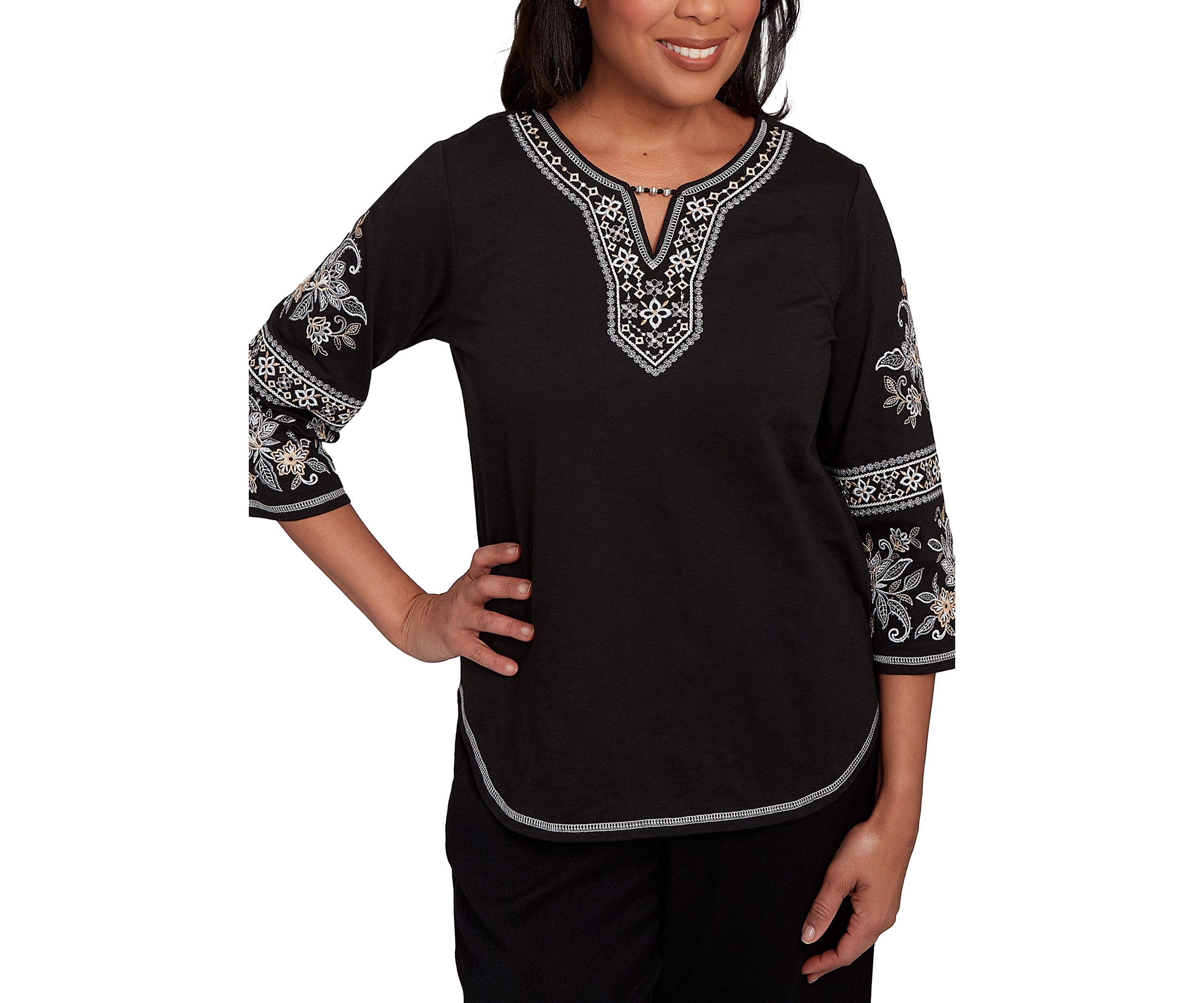 Womens Santa Barbara Embroidered Sleeves Top 